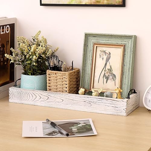 Miniatura 6 de Bandejas de madera rústica rectangulares con asa, bandeja otomana para sala de estar de 16 pulgadas de largo para servir vino (blanqueado)