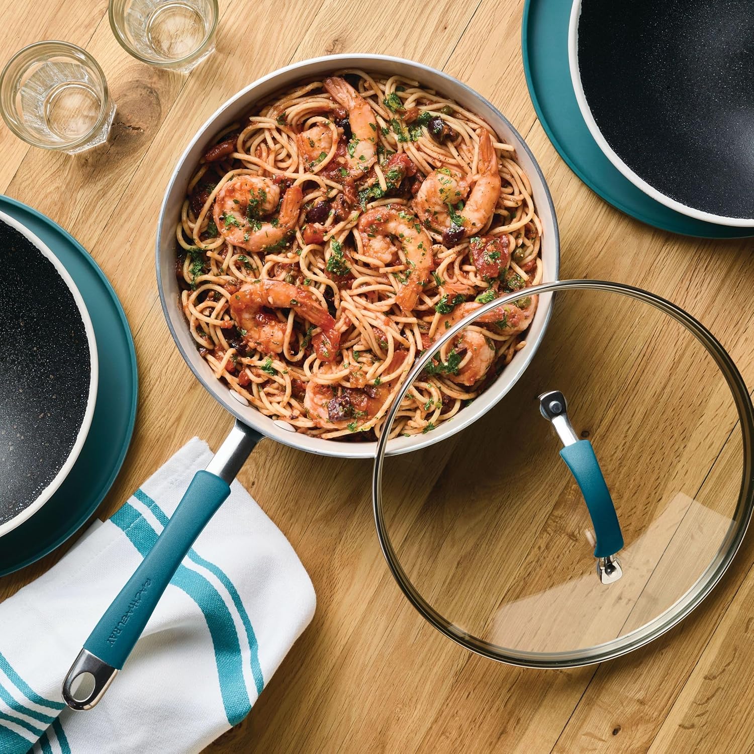 Rachael Ray Cucina Ceramic Nonstick Saute Pan with Lid, 3 Quart Non Stick Sauteuse Pan, Dishwasher Safe - Marine Blue