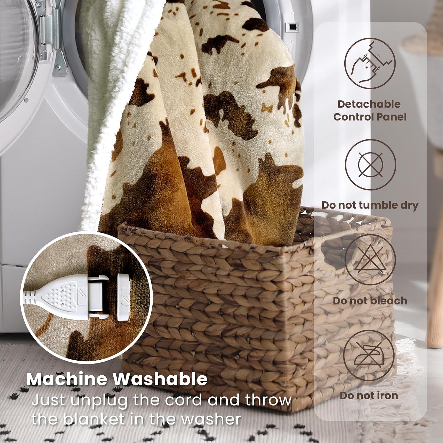 Cow Print Electric Heated Blanket Queen-Dual Control Heating Blanket Queen Size with 10 Heat Levels & 10 Hours Auto-Off, Cozy Soft Fleece Sherpa, Washable, 84x90 Inche Cow Print Apricot - Image 6