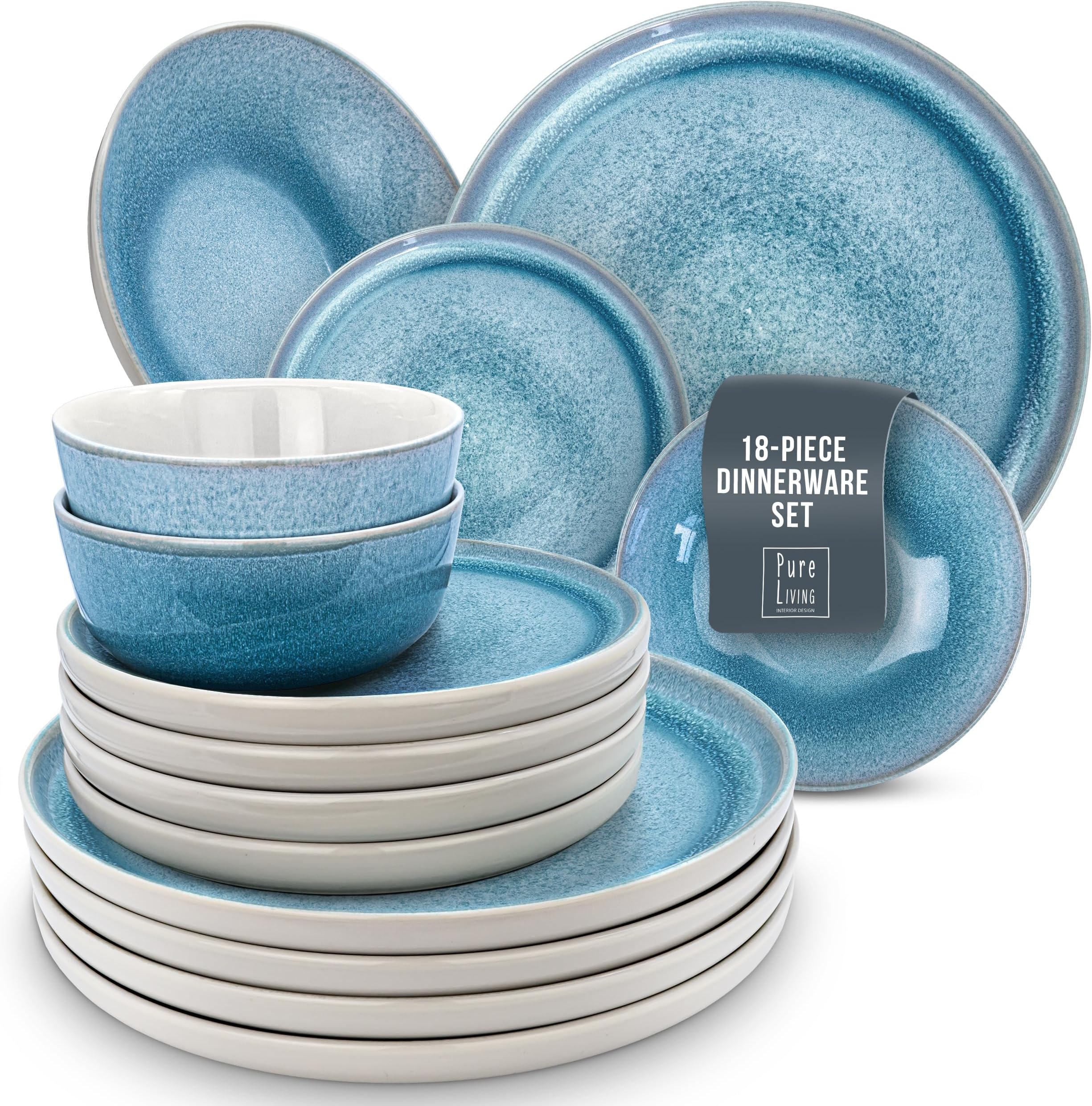 18 Piece Dinner Sets for 6 People - Beautiful Mediterranean Style Stoneware Dinner Set for 6 - Dishwasher & Microwave Safe Plates and Bowls Set for 6 - Dinnerware Sets by Pure Living in Light Blue