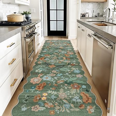 Washable 3x10 Hallway Runner Rug: Floral Scalloped Soft Runners for Entryway Kitchen Nursery Non Slip Bathroom Floor Mat Water Resistant Light Weight Carpet for Living Room Bedroom (3x10 Floral/Green)