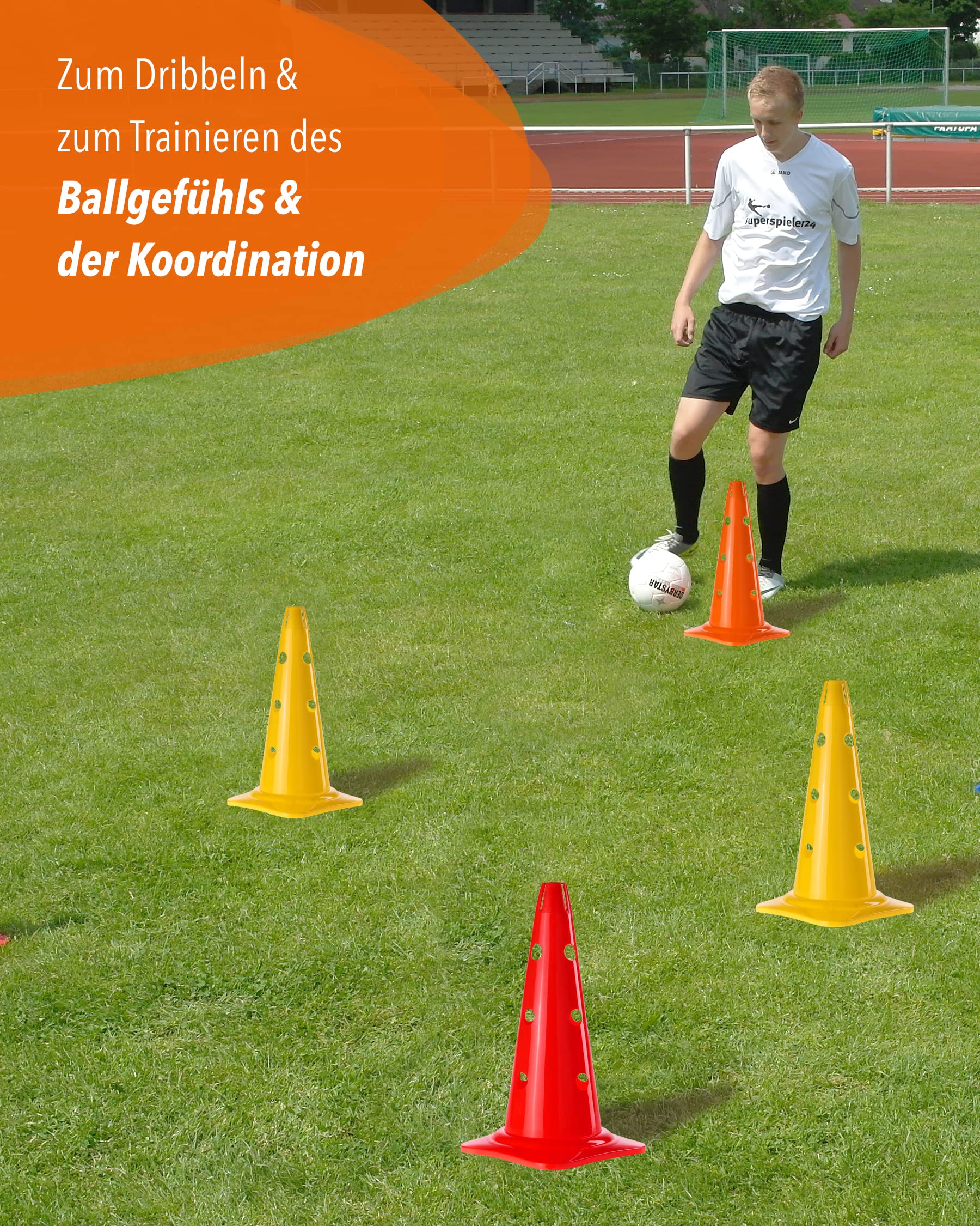Kombi Kegel 40 – 4er Set – für den Aufbau von Hürden- oder Slalom-Parcours für Agility-Training – Sprung & Slalom für Hund, Sport, Pferd & Kind