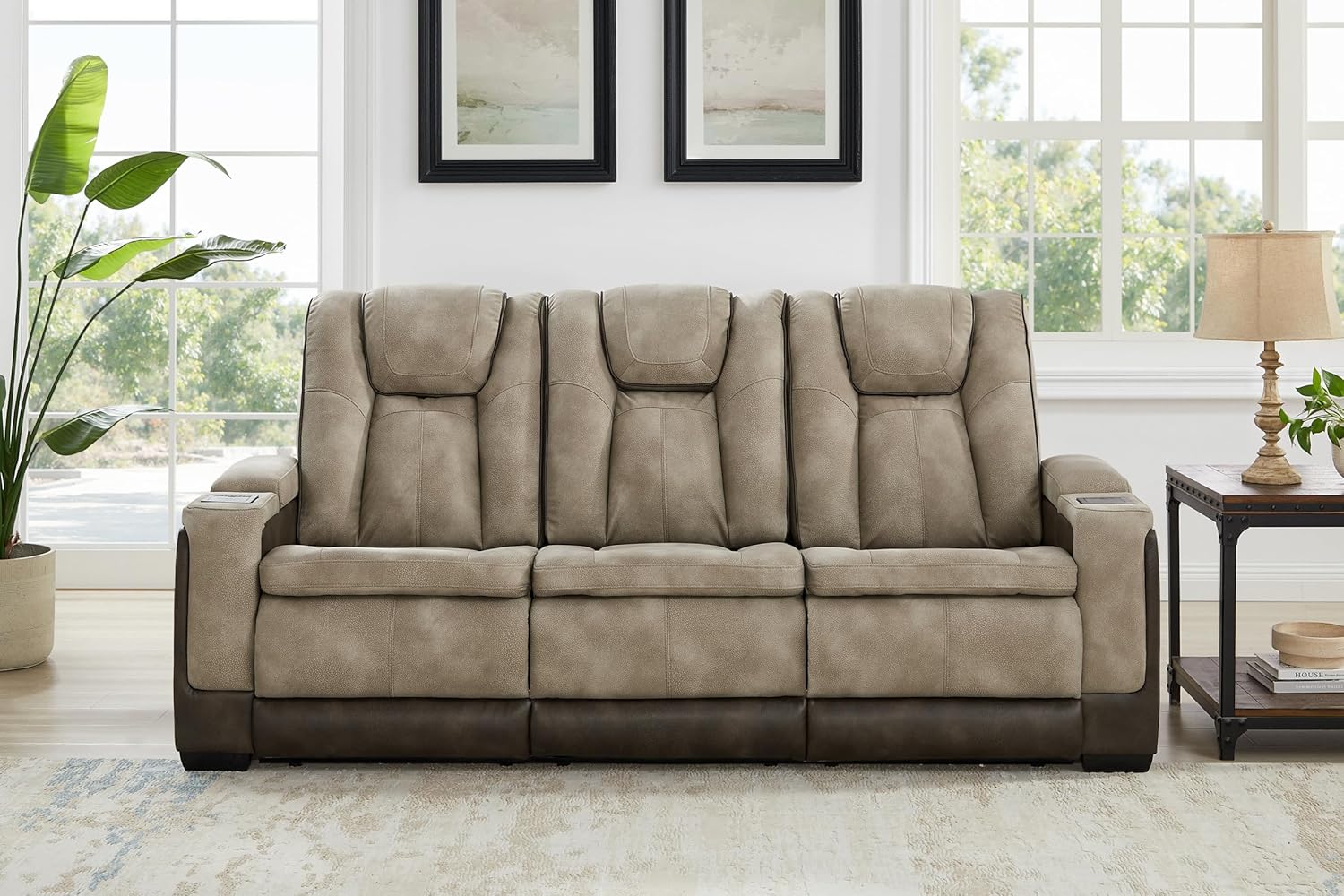 THSUPER Power Microfiber Reclining Sofa, Home Theater Seating Recliner Couch with Adjustable Headrest/Reading Light/USB Port/Storage Armrest/Drop Down Table for Living Room (Brown)