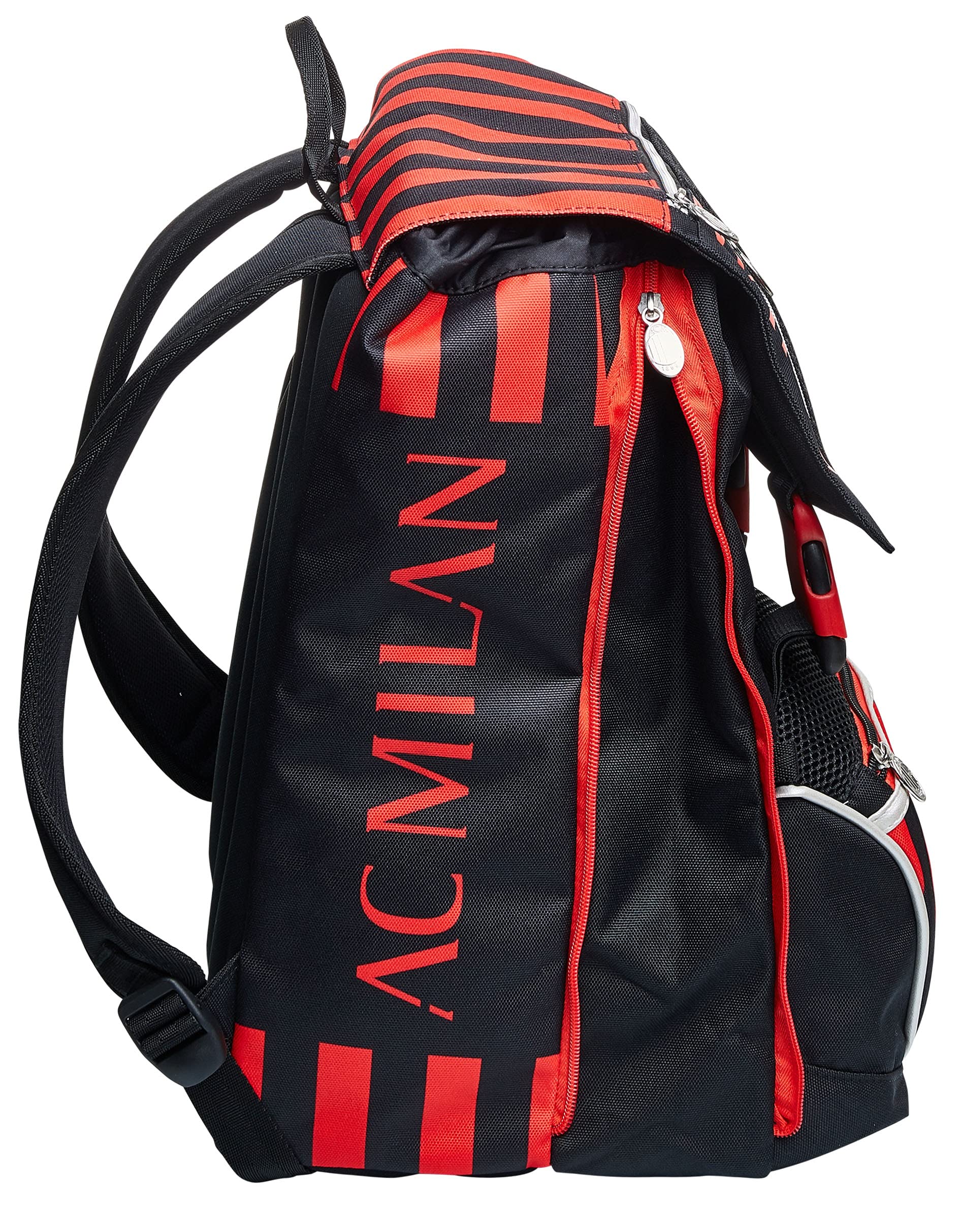 Seven Milan Zaino Doppio Scomparto Estensibile, Rosso e Nero, Squadra Calcio, Maxi Capienza, Schienale Preformato, Bambino, Tasche porta borraccia, Scuola Elementare
