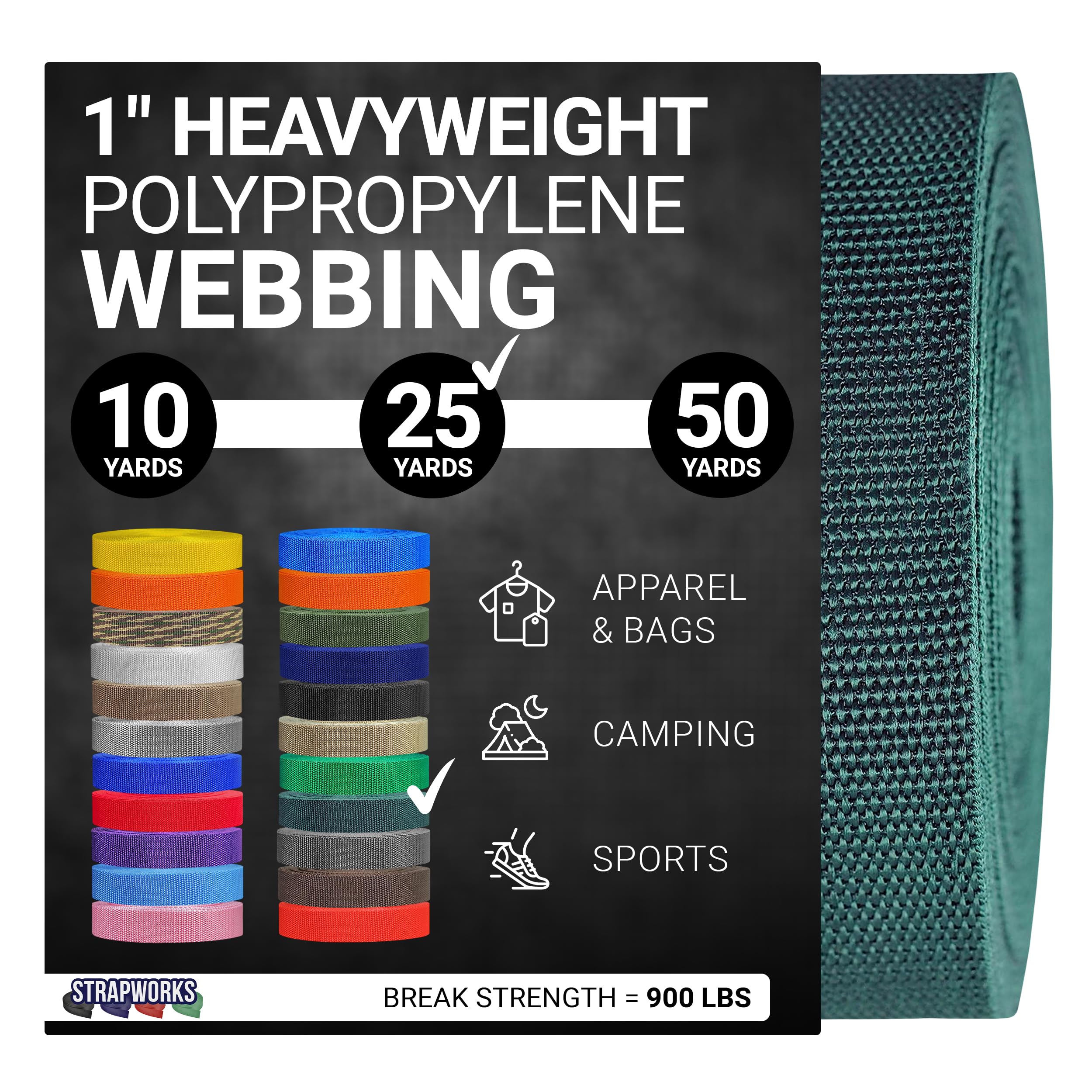 Strapworks Heavyweight Polypropylene Webbing - Heavy Duty Poly Strapping for Outdoor DIY Gear Repair 1 Inch x 25 Yards - Forest Green