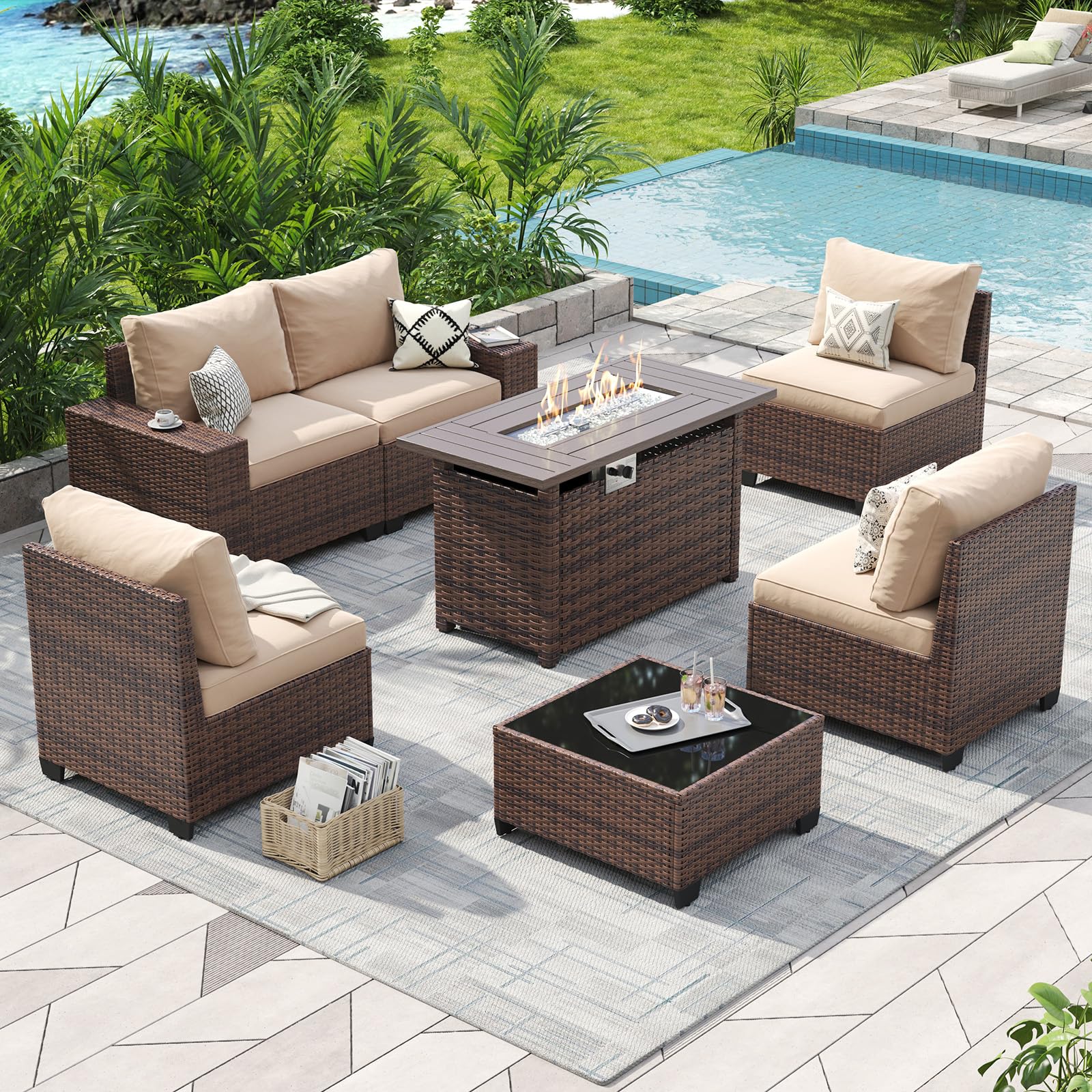 Aoxun Outdoor Patio Furniture Set with 44'' Fire Pit Table, 7 Pcs Outdoor Patio Furniture Sets with 4in Thicken Cushion, Widen Armrests Wicker Outdoor