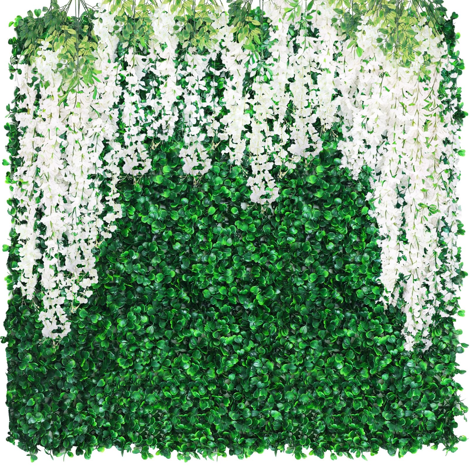 Juinte 54 Pack Greenery Backdrop with Flowers Include 18 Pcs 16" x 24" Grass Wall Panels Artificial Hedge Boxwood Panels 36 Pcs 3.6 Feet Wisteria