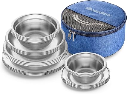 Amazon Co Jp Wealers ステンレススチールプレートとボウルキャンプセット 小と大きな食器 子供 大人 家族に キャンプ ハイキング ビーチ アウトドア使用 トラベルバッグ 24点キット スポーツ アウトドア