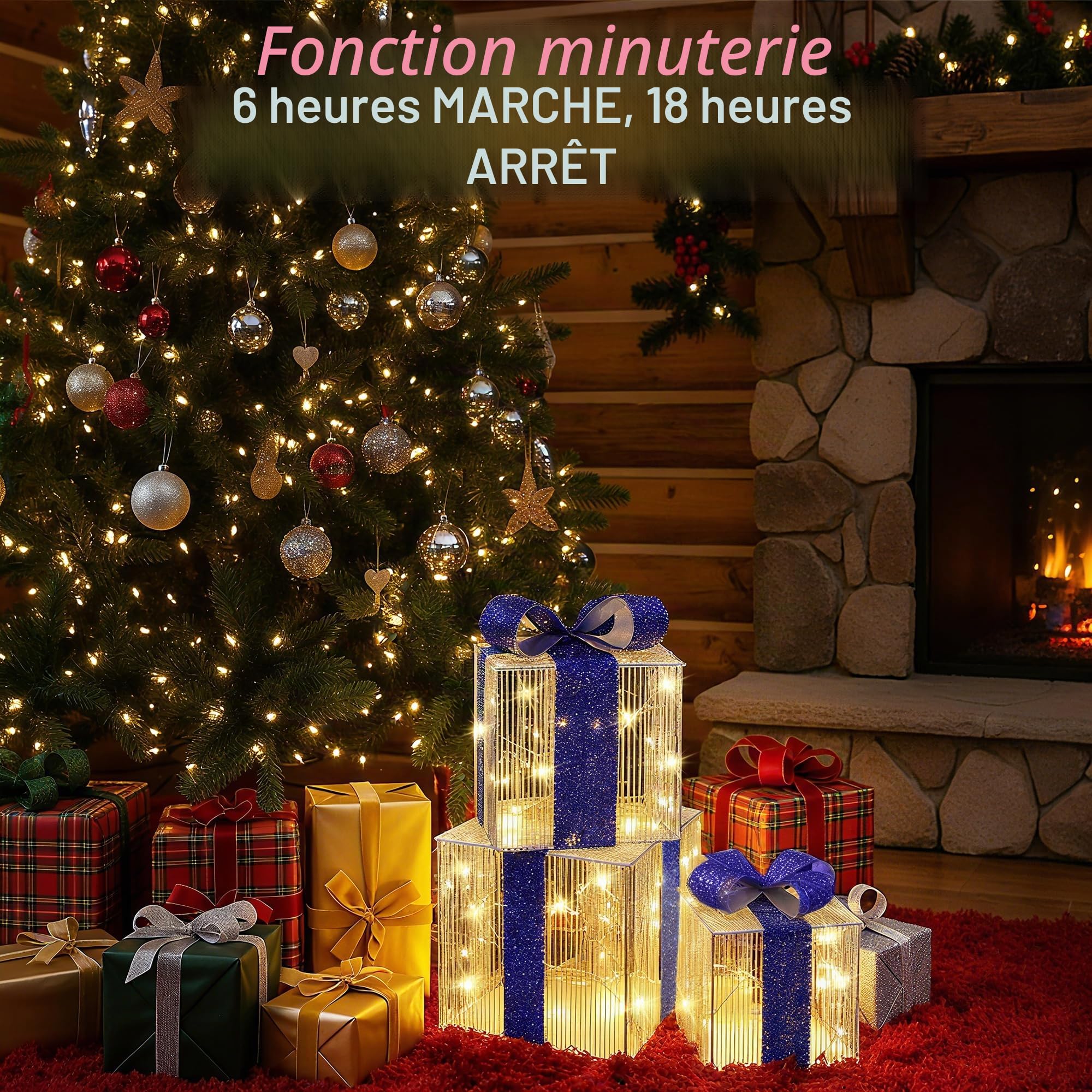 iBaycon Coffrets Cadeaux Lumineux De Noël,Blanc Chaud Lot De 3 Bleu | 140 Leds Coffrets Cadeaux Avec Minuterie Prise de Courant,Décorations De Noël ,Éclairage d'Extérieur Jardin Pelouse Cour