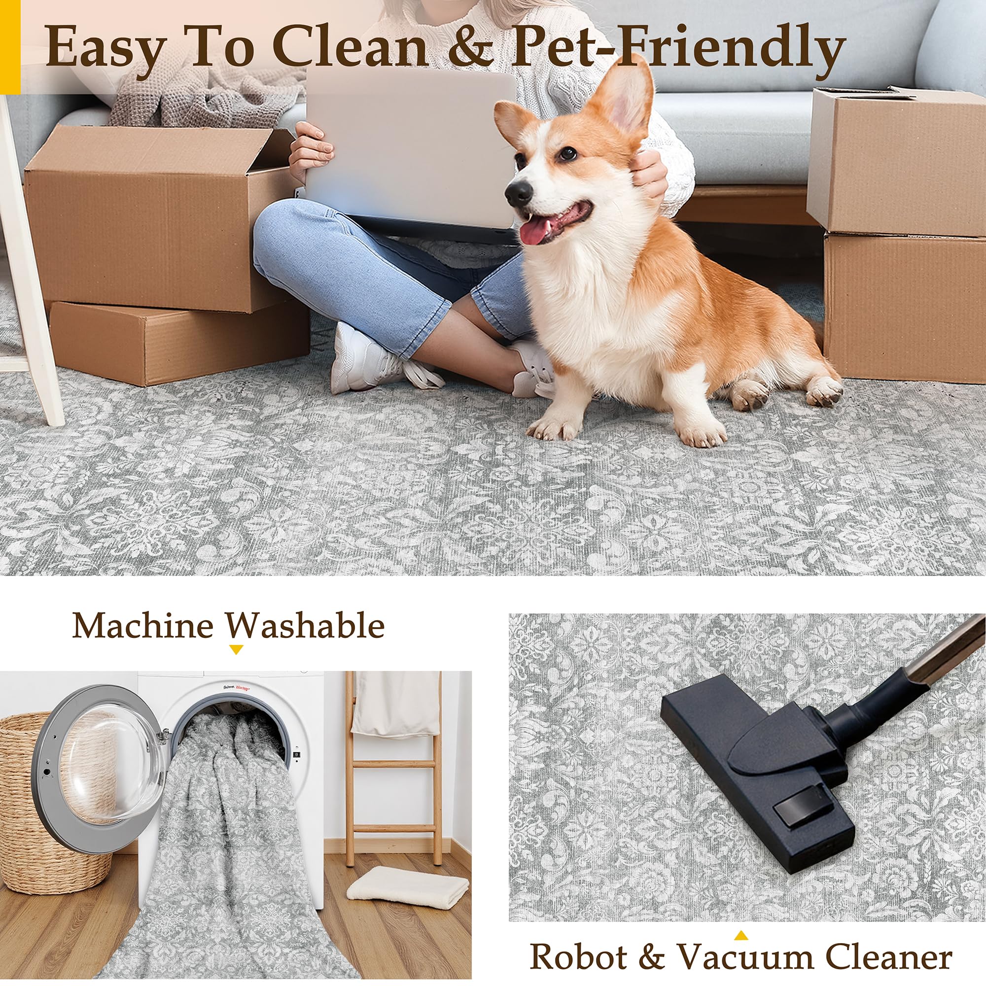 PureCozy 8x10 Area Rug Machine Washable Living Room Bedroom Vintage Distressed Non Slip Carpet Indoor Large Low Plie Thin Beige Dining Room Office Retro Accent Throw Rug: 2' x 3' (Rectangular) Vintage | Gray