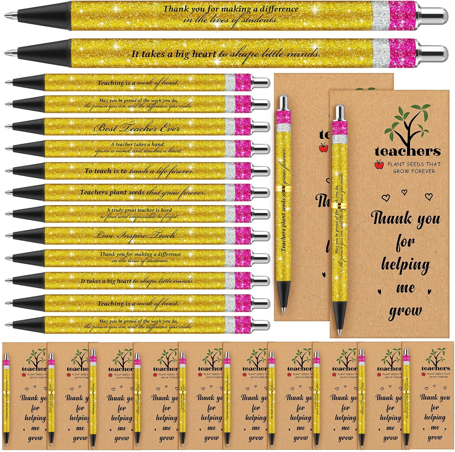 Sinload 40 Sets Teacher Appreciation Pens Gifts Inspirational Quotes Glitter Ballpoint Pens with Thank You Card Writing Stationery Office Supplies for Teacher Appreciation Office Supplies