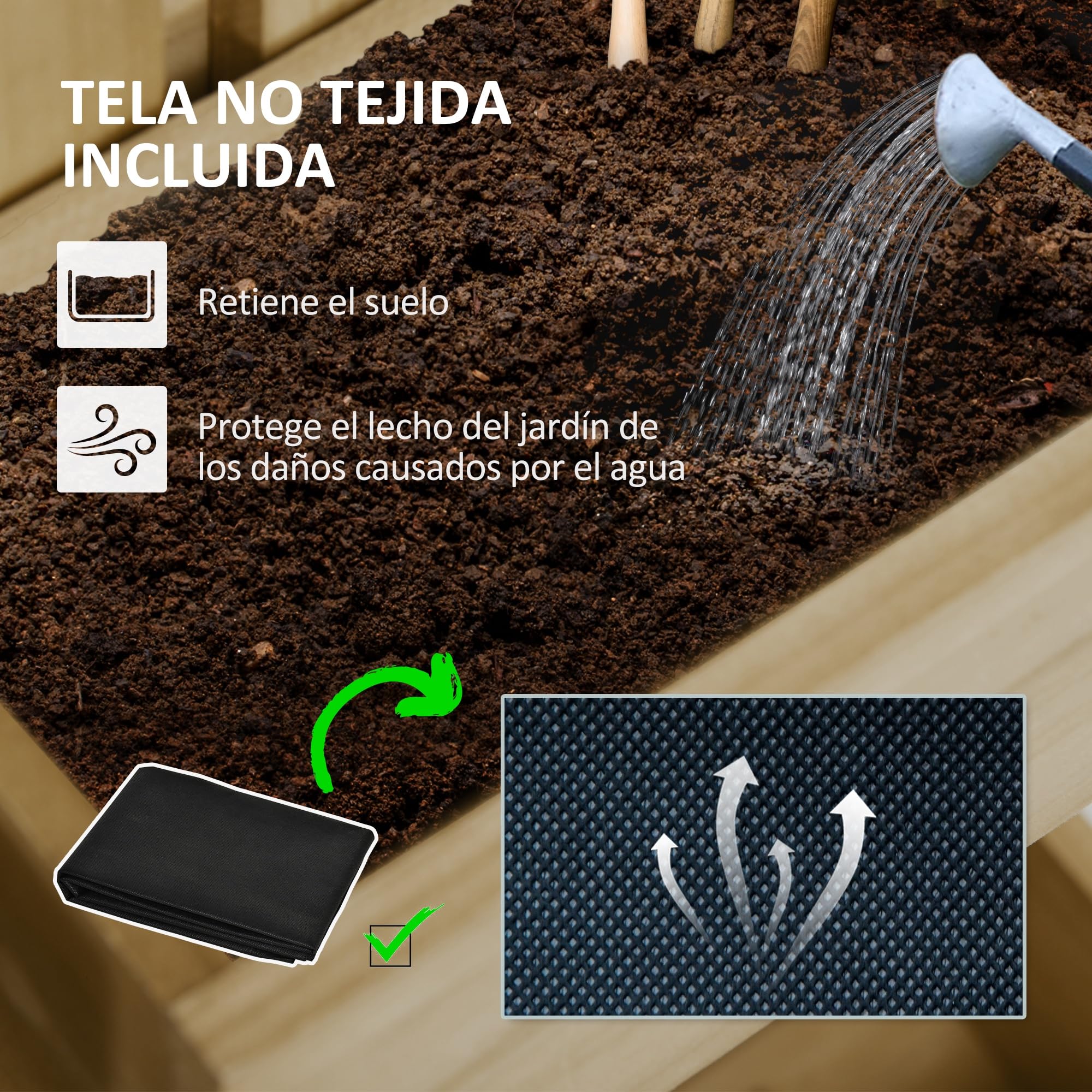 Outsunny Jardinera de Pared con Enrejado Exterior 60x16x100 cm Natural | Jardinera Exterior Grande de Madera, 5 Macetas Móviles, Tela no Tejida, Orificios de Drenaje, Jardín, Terraza, Patio