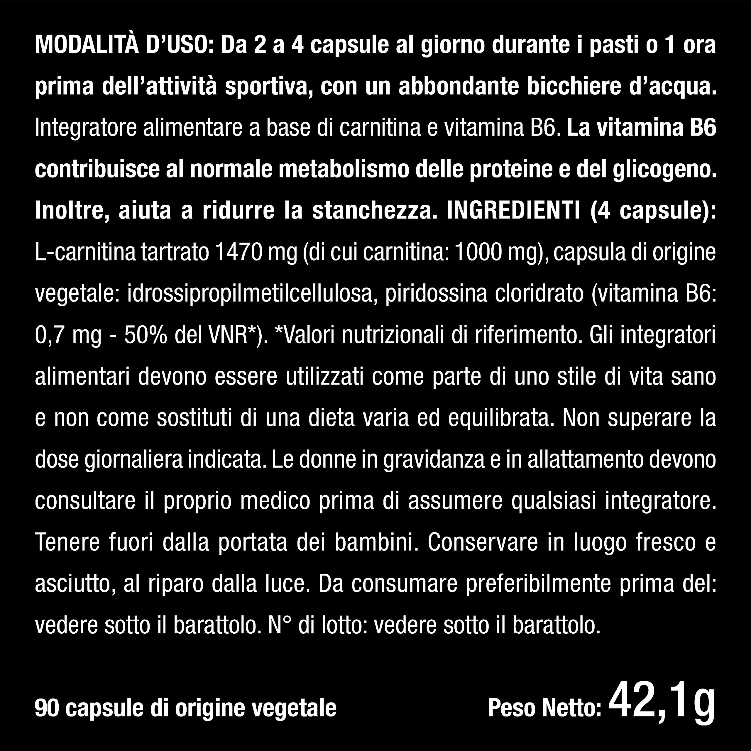 L-Carnitina Tartrato | 1000 mg | Trasforma gli Acidi Grassi in Fonte di Energia | Recupero muscolare | Pre-Allenamento | Con vitamina B6 | 90 capsule | Nutrimea
