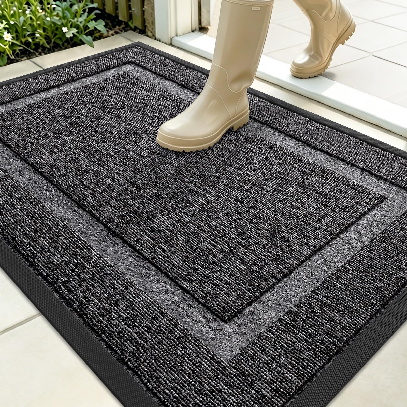 OLANLY Front Door Mat Outside 35x23, All-Season Heavy-Duty Rubber Doormat | Black and White, Absorbent, Stain and Fade Resistant, Non-Slip Backing, Low-Profile Indoor Outdoor Floor Mat for Entryway
