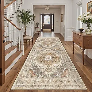 Madane 4x10 Wide Hallway Runner Rug: Washable Soft Rug Runners for Living Room Bedroom, Stain Resistant Low Pile Area Rugs Thin Non Slip Floor Carpet for Ktichen Dining Room (Turmeric/Grey,4x10)