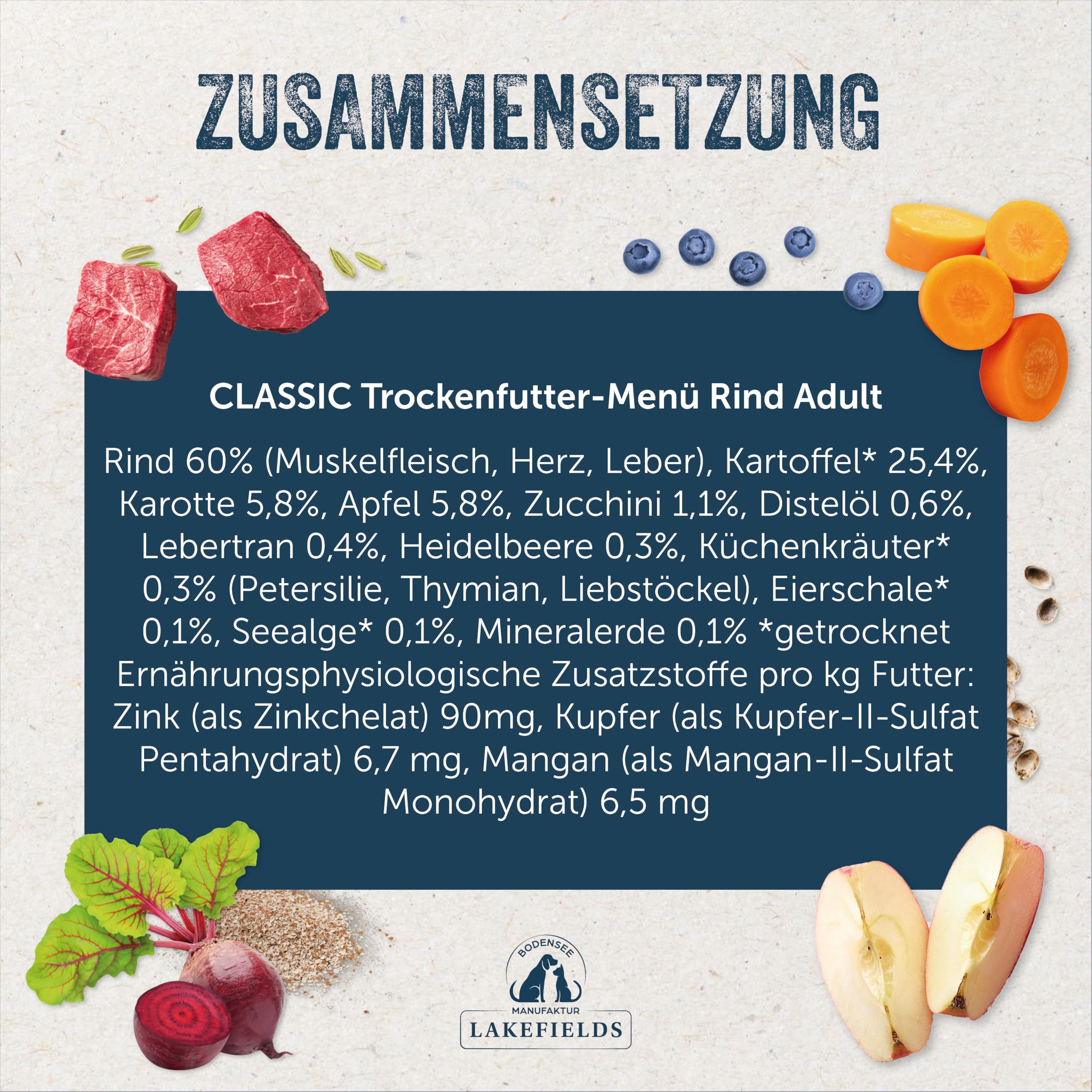 Lakefields Premium Hundefutter trocken | Rind 60% | 4 x 2,5kg | Getreidefreies Trockenfutter für ausgewachsene Hunde | Kartoffel, Äpfel & Karotte | Zutaten in Lebensmittelqualität | Schonend gebacken