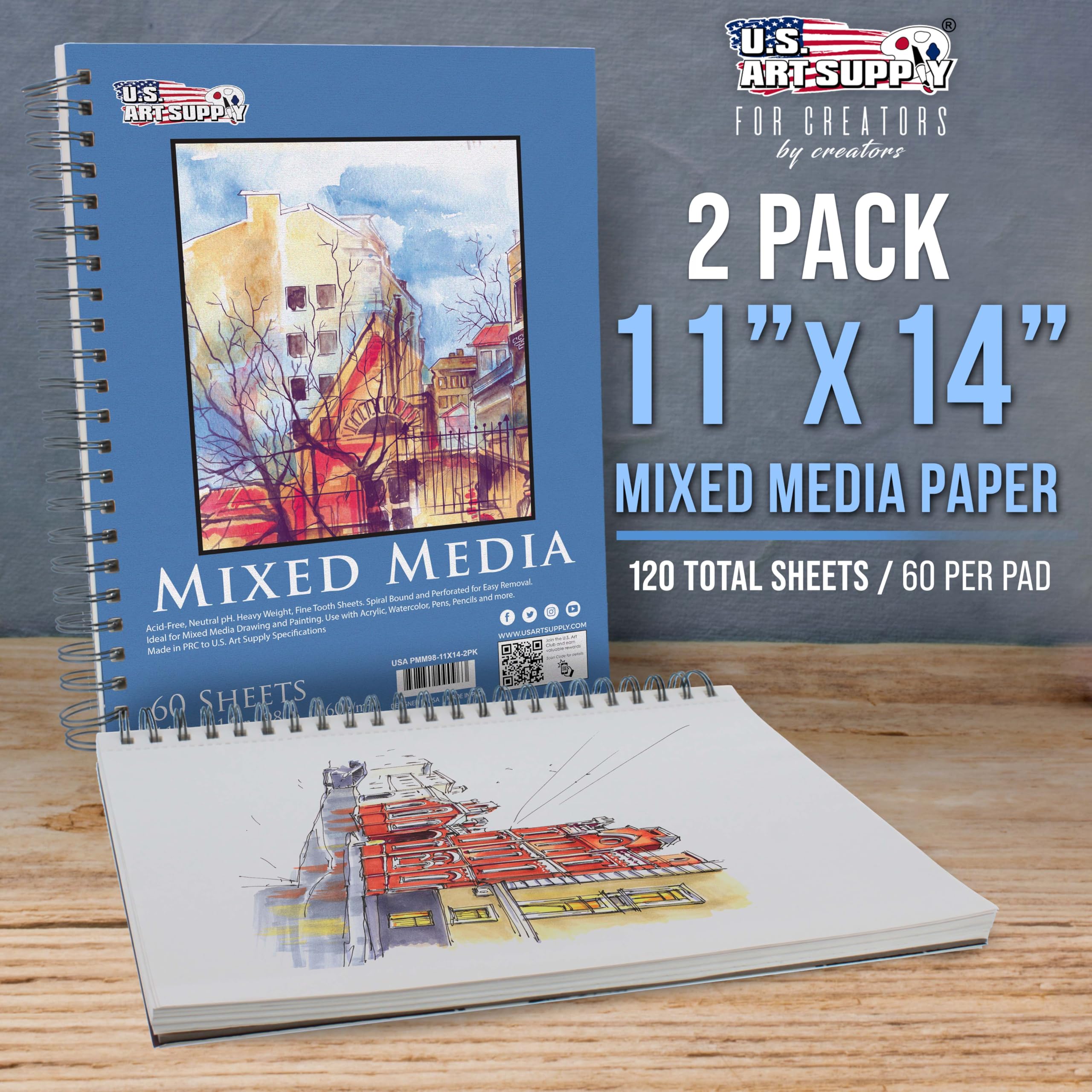 U.S. Art Supply Lot de 2 carnets de croquis de 27,9 x 35,6 cm, 60 feuilles, 44,5 kg (160 g/m²) – Reliure à spirale, perforé, sans acide – Croquis d'artiste, dessin, peinture aquarelle, acrylique,