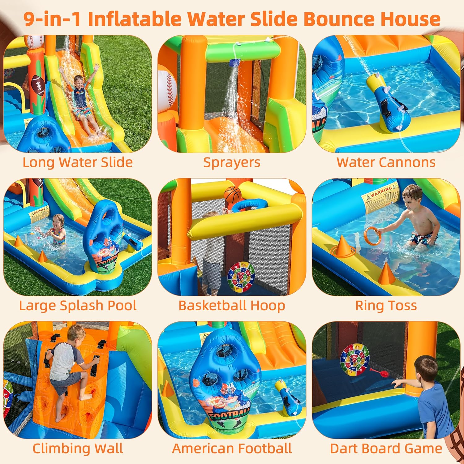 TOAOB Inflatable Water Slide for Kids 3-12: Blow Up Bounce House Backyard Water Park with 480W Blower- 9 in 1 Football-Themed for Outdoor Birthday Party