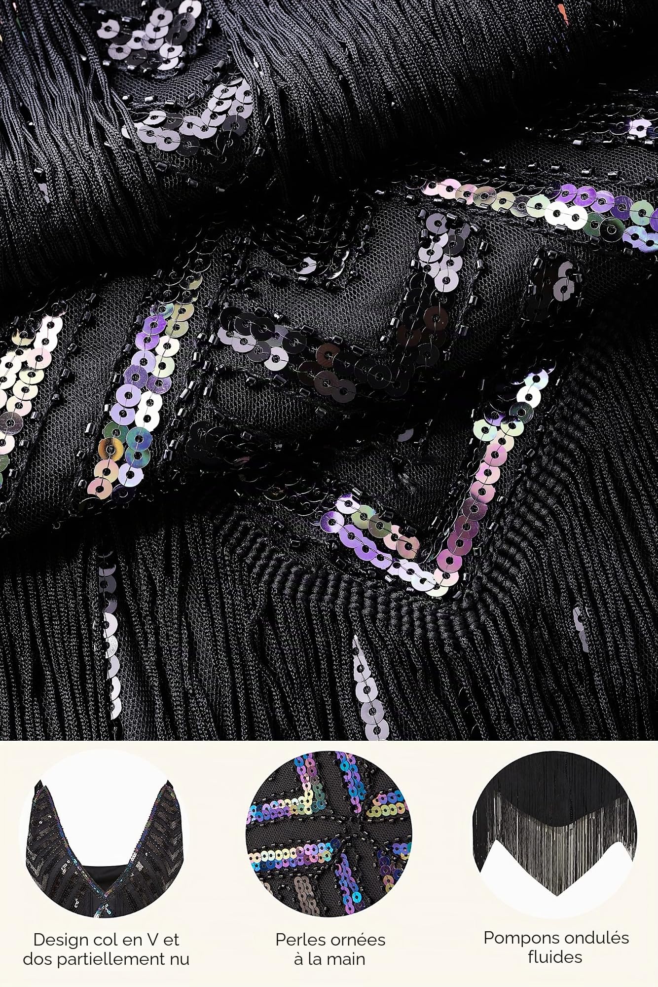 Coucoland Robe à Franges Années 20 - Col en V, Sequins, Sans Manches - Costume Gatsby, Soirée, Cocktail, Charleston (Noire, M)