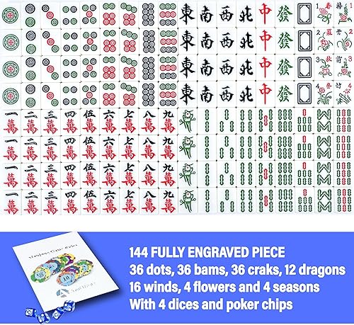 Miniatura 8 de AzulHome Juego de mahjong chino, 144 azulejos grandes de melamina numerados de 1.575 in (1.6 pulgadas) con 4 dados 80 fichas de póquer y una bolsa