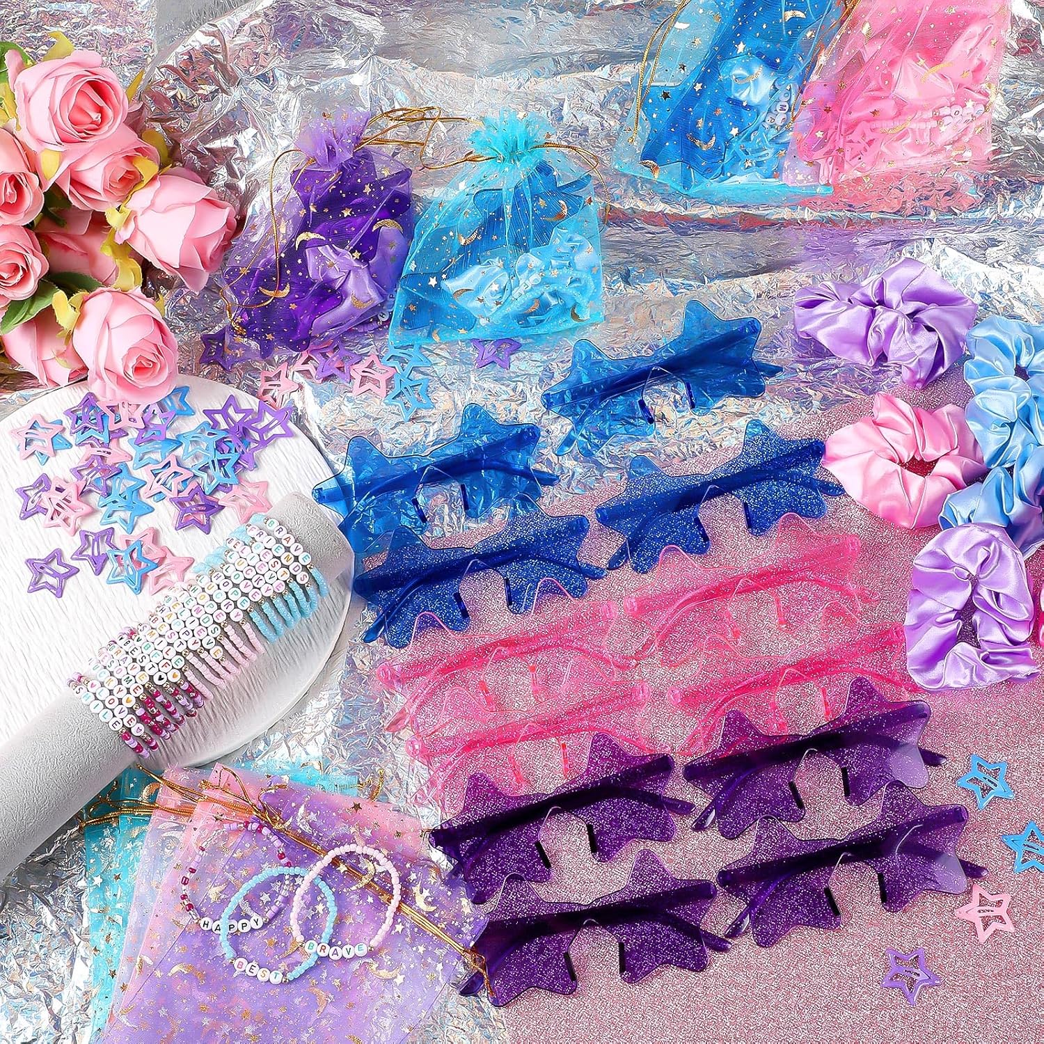 Quelay 162 Pcs/18 Sets Kpop Party Favors Friendship Gifts Includes Scrunchies Hair Clips Bead Bracelets Sunglasses Organza Gift Bags for Popular Singer Party Favors Y2k Fans Birthday(Star)