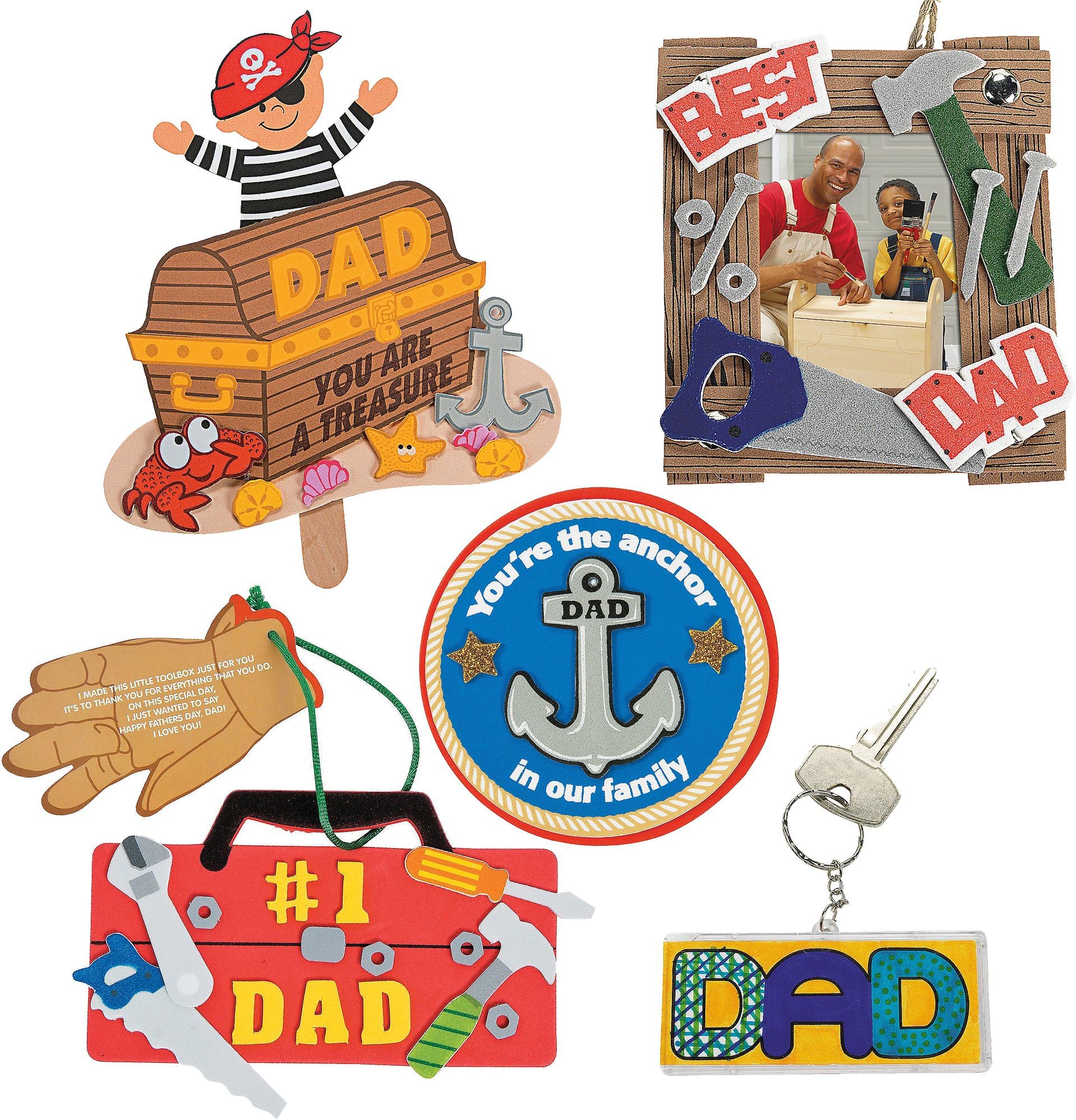 Fathers Day DIY Craft Kit; 1 “Dad” Tool Picture Frame, 1 Key Chain, 1 Anchor Magnet Kit, 1 #1 Dad Tool Chest Ornament & 1 Pirate Pop-Up Craft | Boy & Girls Classroom Daycare Homeschool Gift