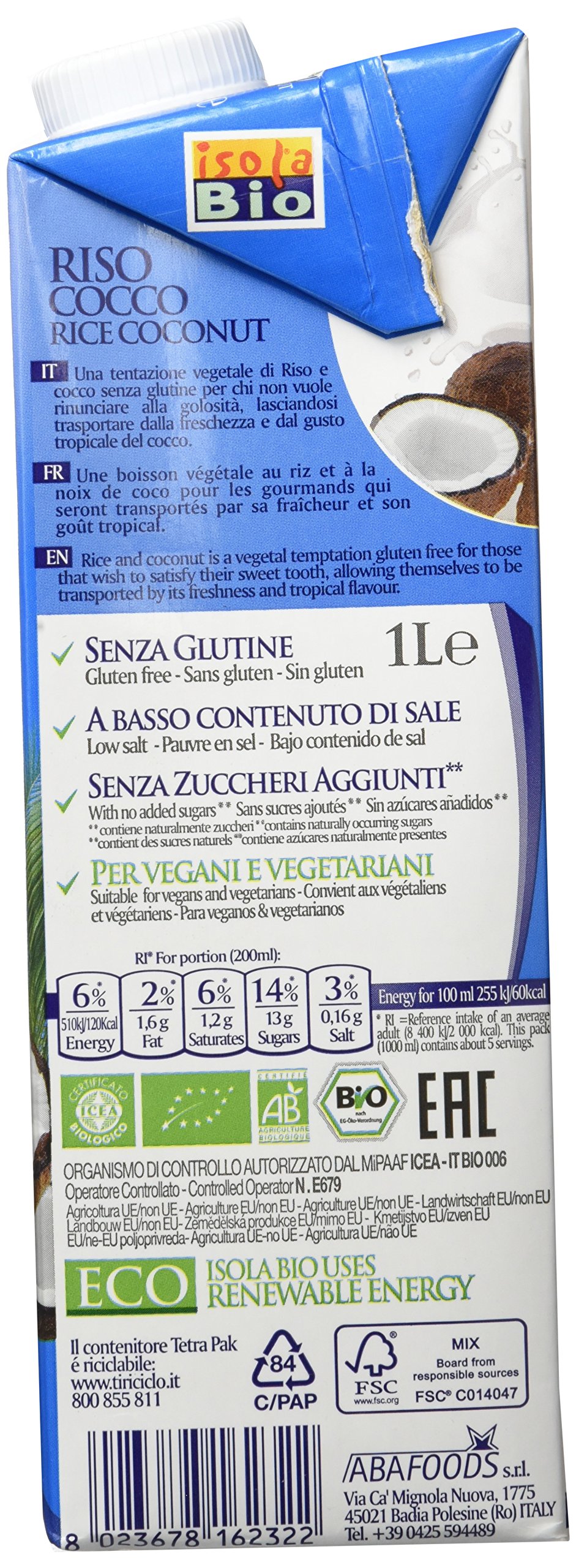 Isola Bio Bebida Vegetal de Arroz con Coco Paquete 6 x 1000 ml