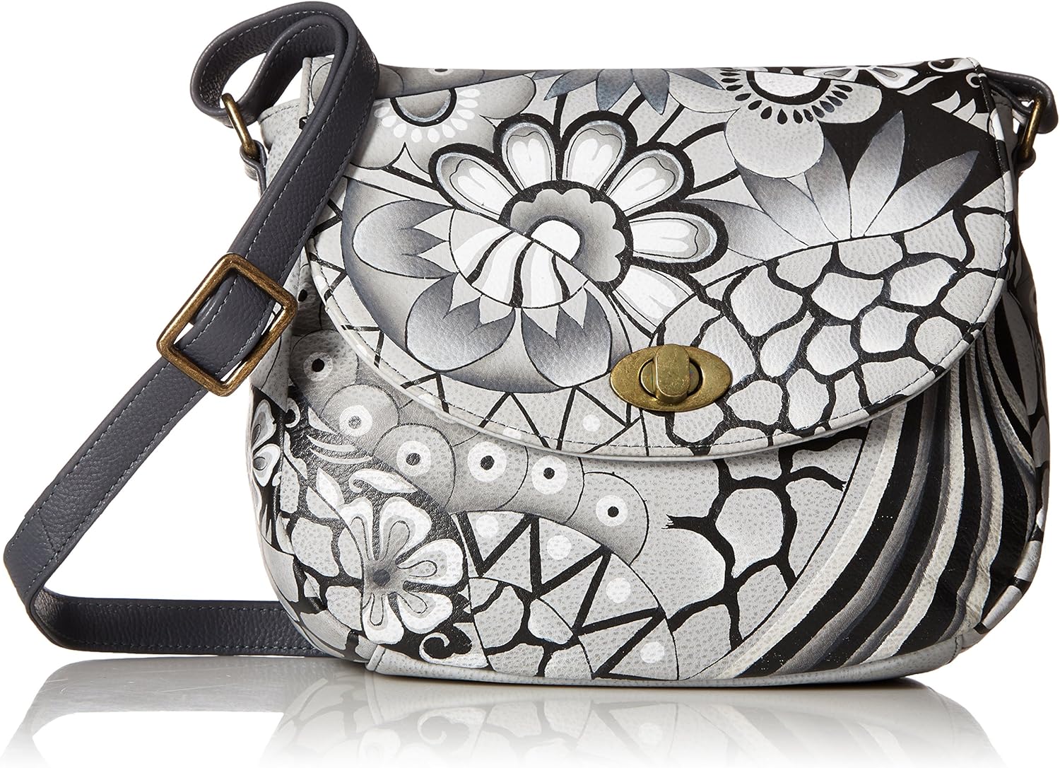 Anna by Anuschka Women's Genuine Leather Flap-Over Cross Body | Hand Painted Original Artwork | Patchwork Pewter