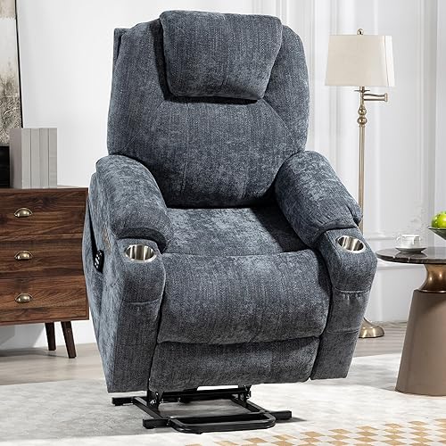 Luxlen Power Lift Recliner Chair, Electric Lift Recliner for Elderly Reclining Chair with Vibration Massage and Lumbar Heating, Single Sofa with Charging Ports Cup Holders, Chenille Fabric Blue