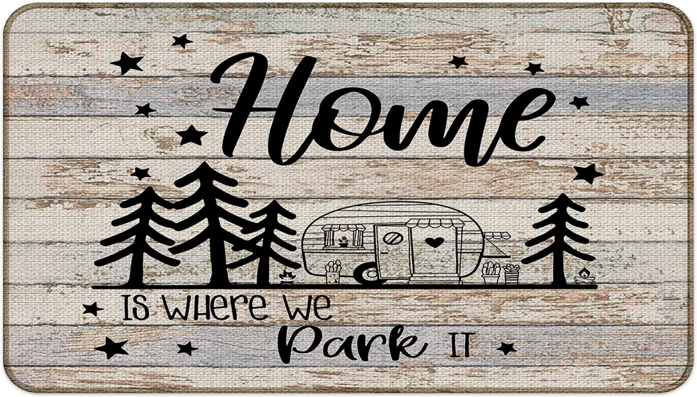 Beige Camper Door Mat, 30''x17'' Rv Door Mat, Best Gifts for Rv Owners, Rv Decorations for Inside Camper, Happy Camper Decor - Home is Where We Park It