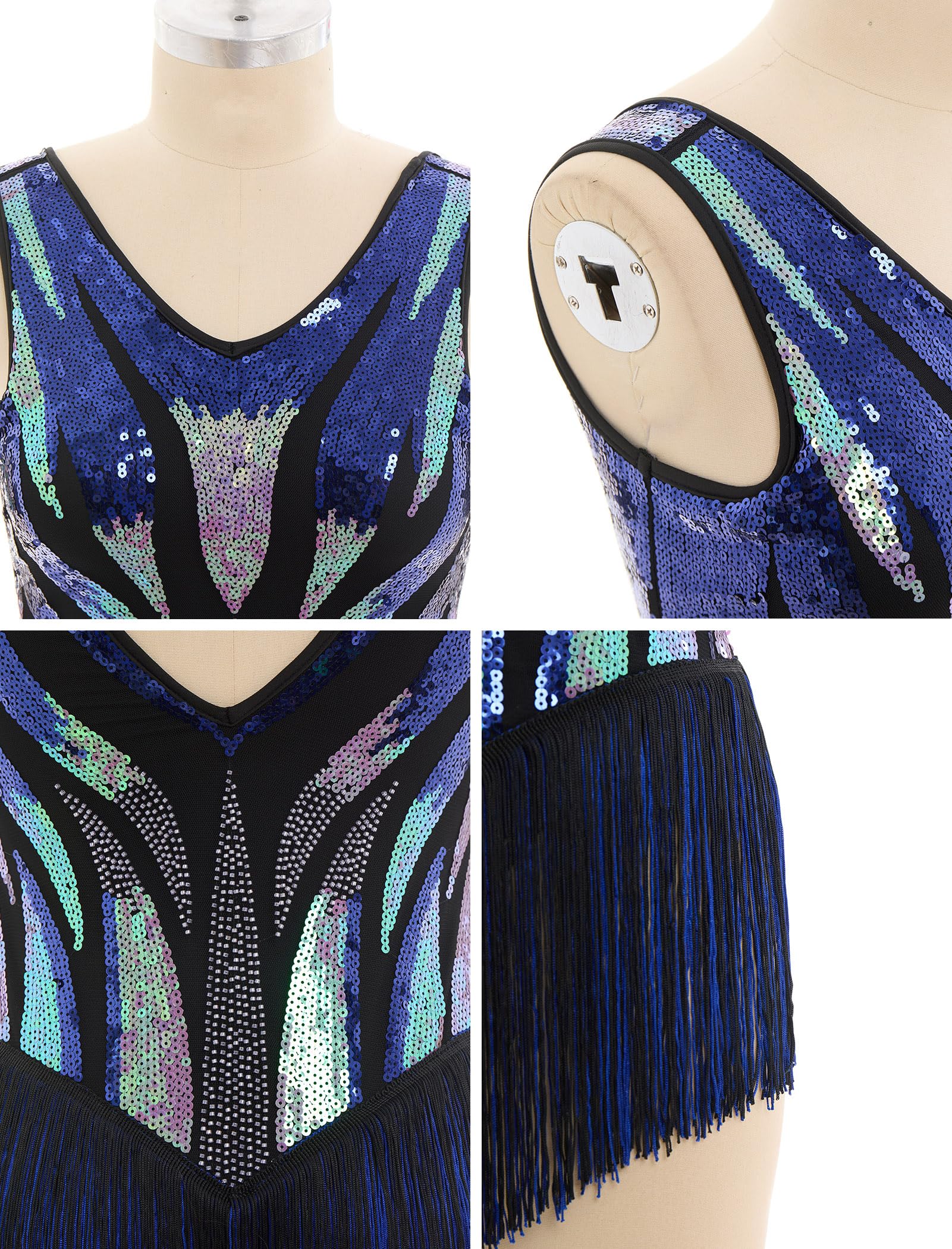 Damen Latein Tanzkleid Pailletten Fransen Salsa Tanzkostüm Jazz Tanz Body für Bühne Karneval Tanzshow