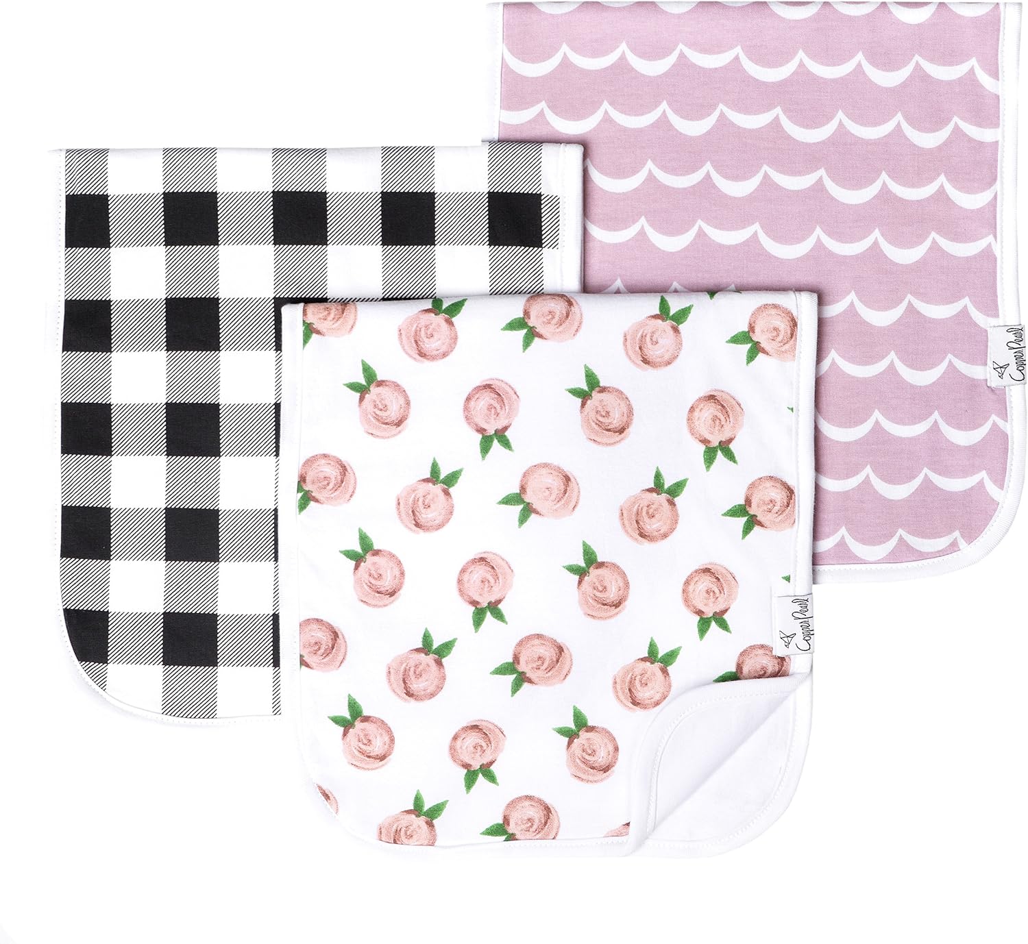 Copper Pearl Premium Baby Burp Cloths - 3-Pack Large Cotton Burp Cloths, Extra Soft Spit Up Rags with 3 Absorbent Layers, Perfect for Baby Girl Gifts (21" x 10" Size, Rosie Set)