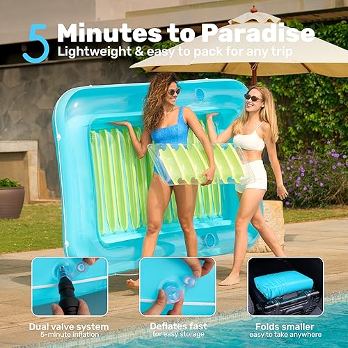 Miniatura 6 de SLOOSH Flotador inflable para adultos, con almohada, 216 x 145 cm, 4 en 1: balsa estilo tina bronceadora, camastro para tomar el sol, para fiestas