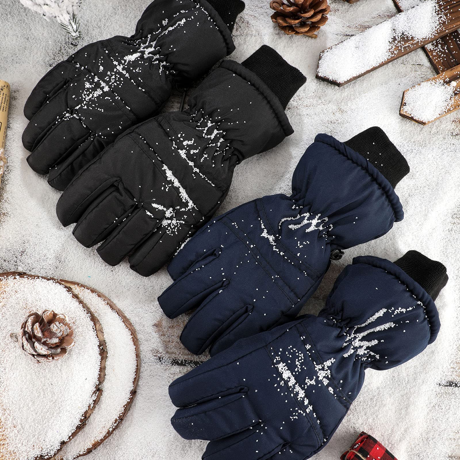 2 Paires Gants de Ski d'Hiver pour Enfants Mitaines de Neige à Doigts Complets Imperméables (Noir et Bleu Marine, 3-6 ans)
