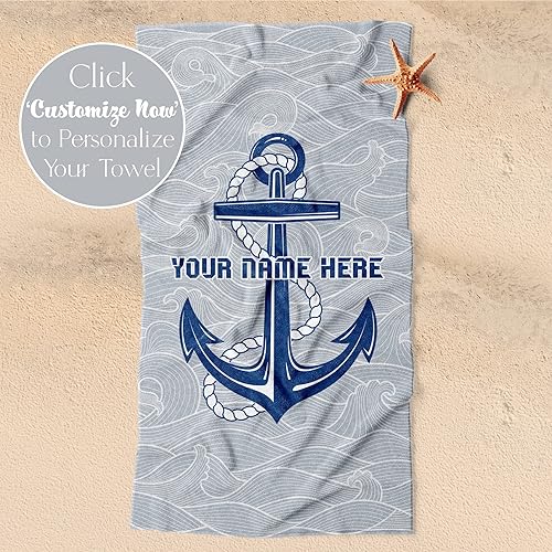 Miniatura 4 de Toalla de playa con ancla personalizada para hombres con nombre personalizado, tema náutico vintage para piscina, viajes, baño, algodón suave y