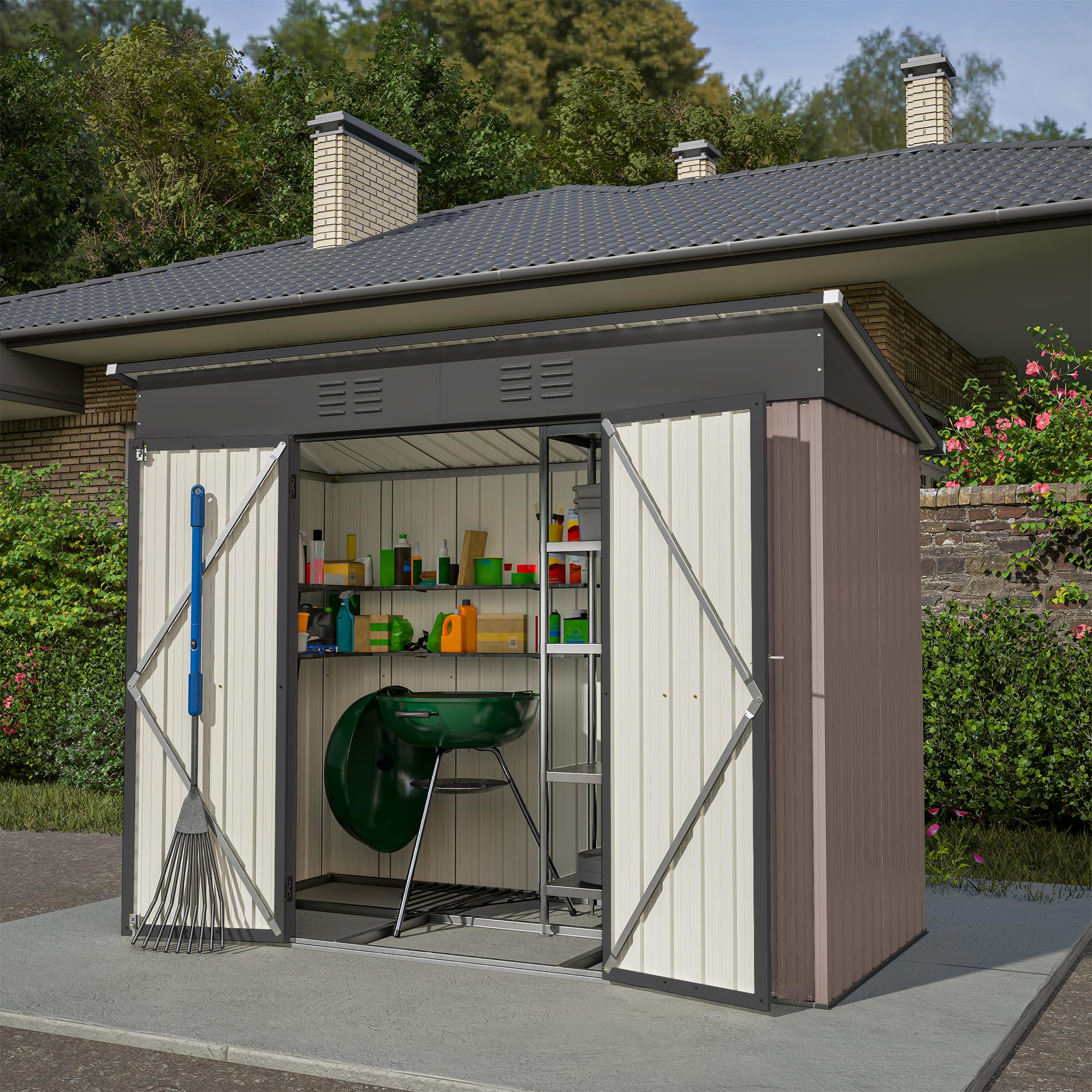 Hommdiy Gerätehaus 8x4 FT Metall - Wetterfester Gartenschuppen Mit Fundament