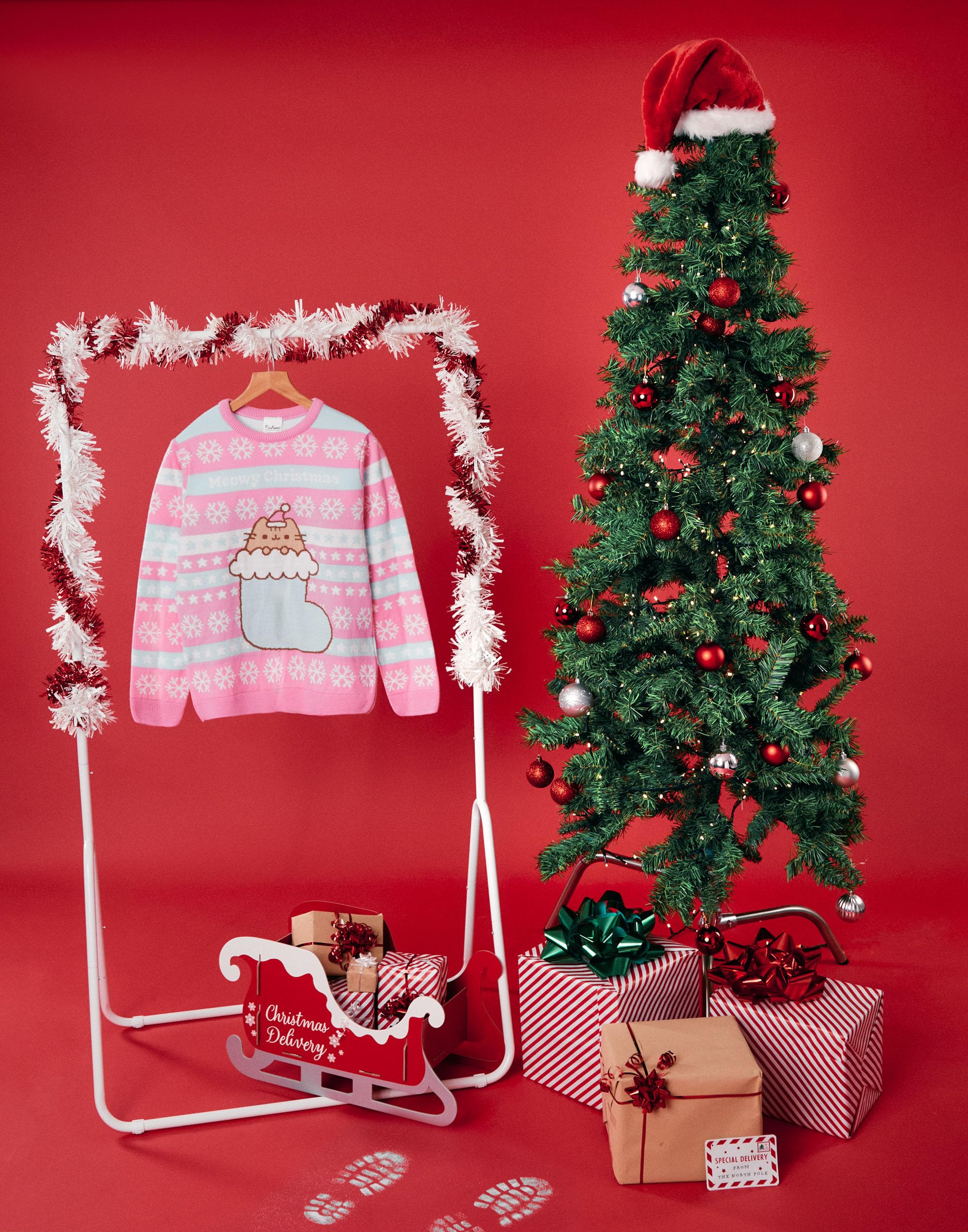 Pusheen Różowy sweter bożonarodzeniowy z dzianiny dla dziewczynek | świąteczny sweter - uroczo przytulny | stylowa odzież bożonarodzeniowa The Cat | świąteczna bluza z motywem kota