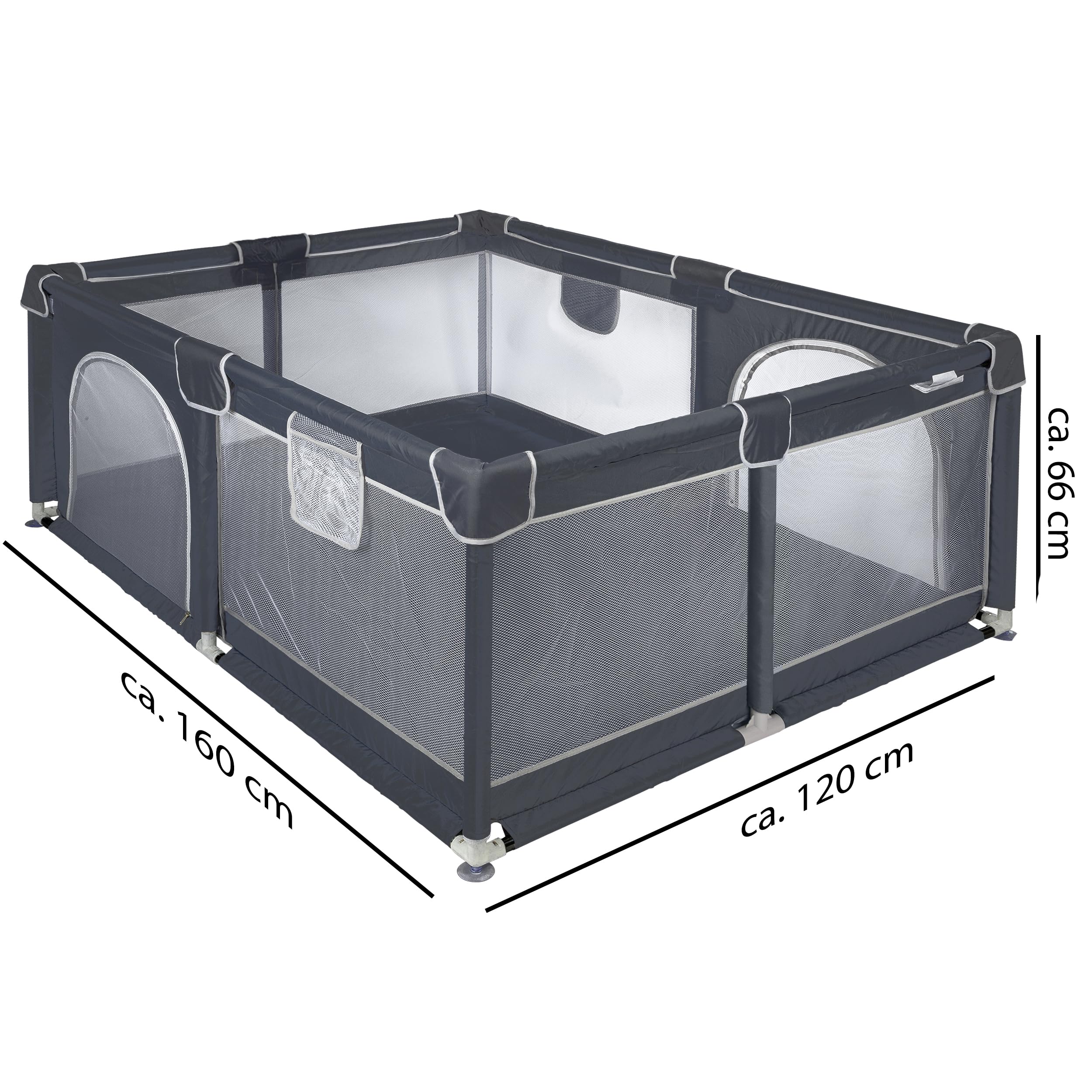 ONVAYA® Laufgitter mit faltbarer Spielmatte | Laufstall für Babys | 120 x 160 cm | Schutzgitter für Kinder | Rechteckiges Krabbelgitter | Absperrgitter | Babyzaun in Grau | sicher & schadstofffrei