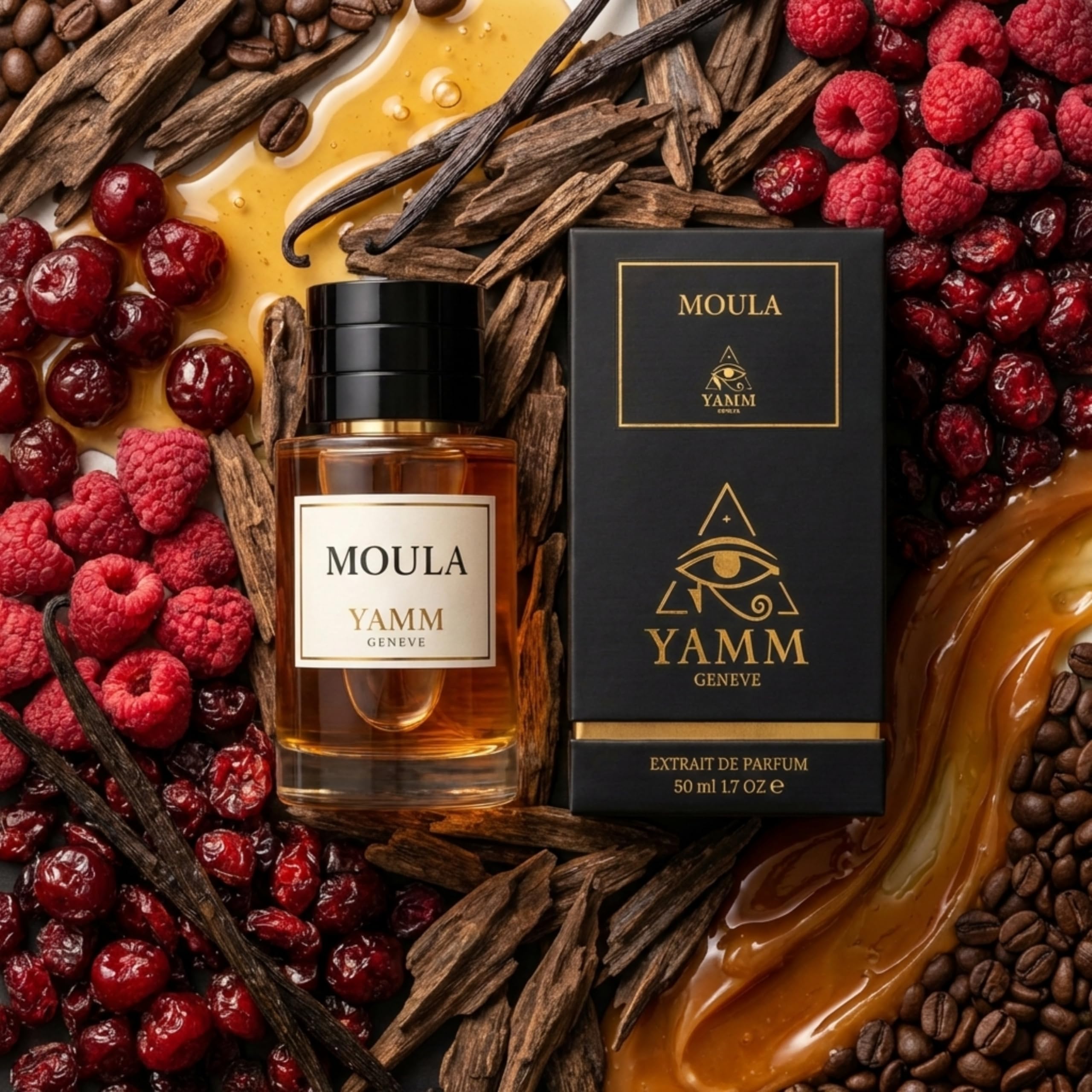 Moula – Extrait de Parfum – Caramel & Fruits Rouges – 50 ml | Accord gourmand fruité riche et généreux, à la tenue durable, avec caramel, fruits rouges, vanille Bourbon et oud.