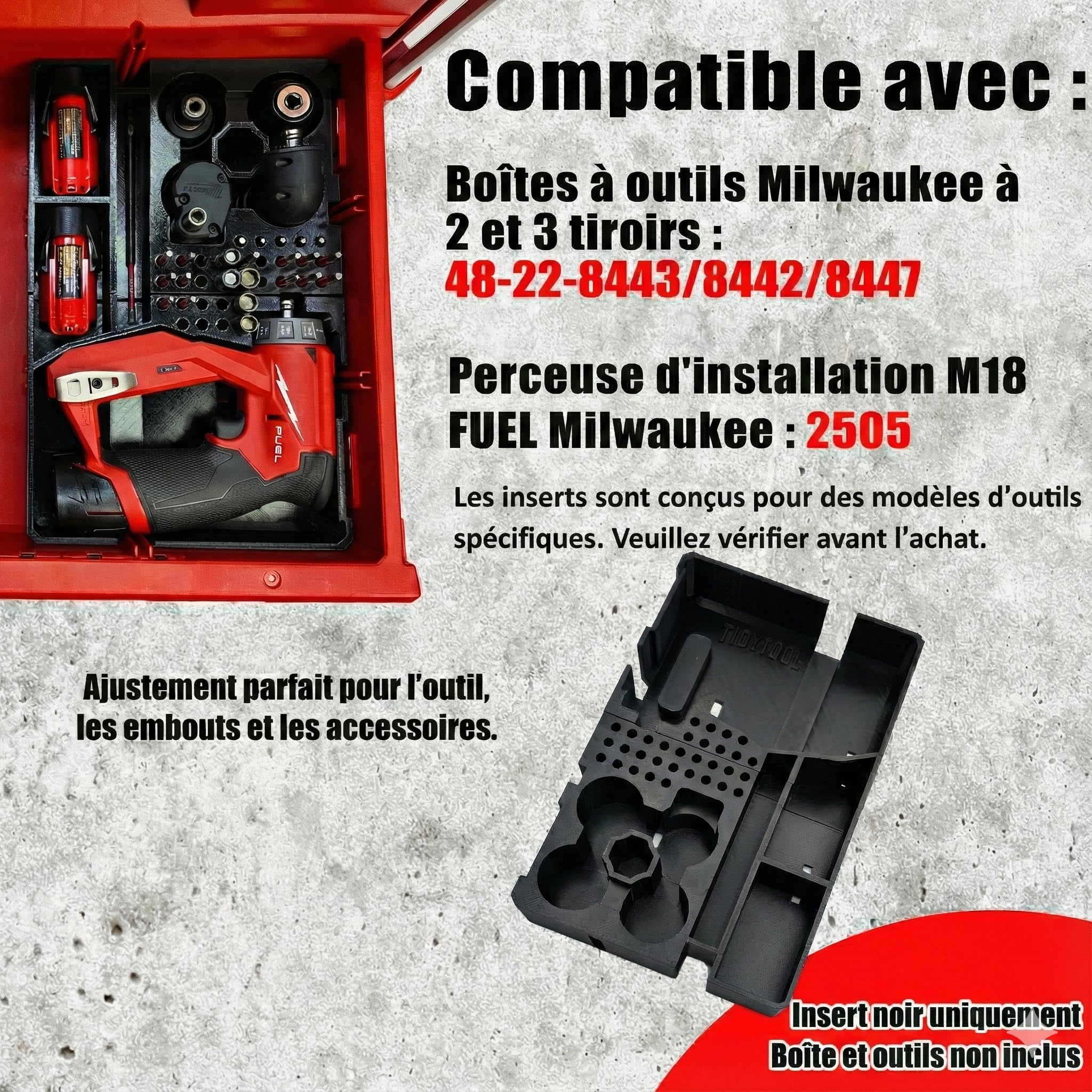 Organisateur pour perceuse d'installation M12 et organiseur Milwaukee Packout