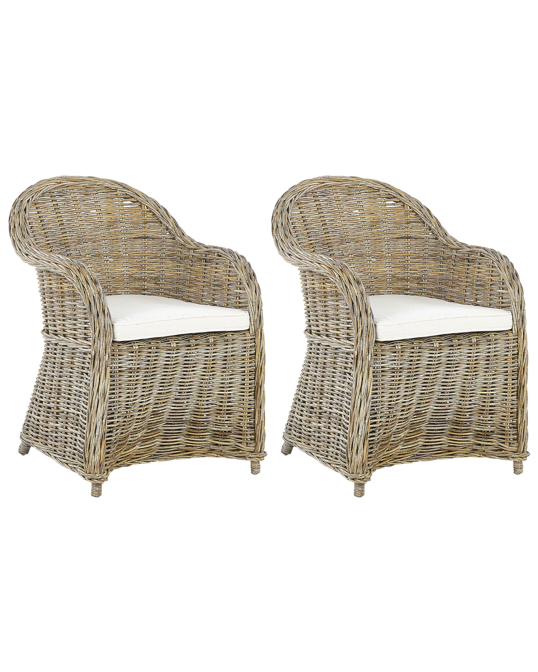 Set poltrone da giardino in rattan naturale con cuscini in cotone bianco