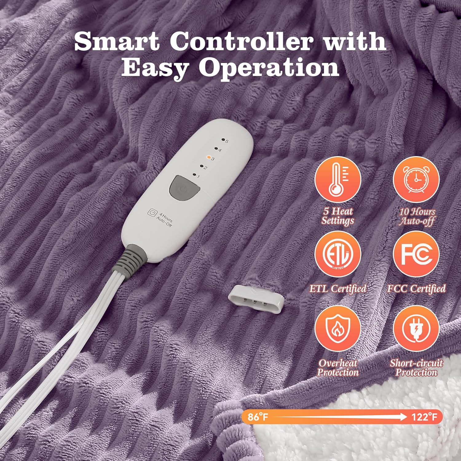 Heating Blanket Twin Heated Blanket 62x84'' - Soft Sherpa Fleece Twin Electric Blanket with Fast Heating, 5 Heating Levels & 10 Hours Auto Off, Small Lap Heat Blanket, Great Gift for Grandma (Purple) - Image 4