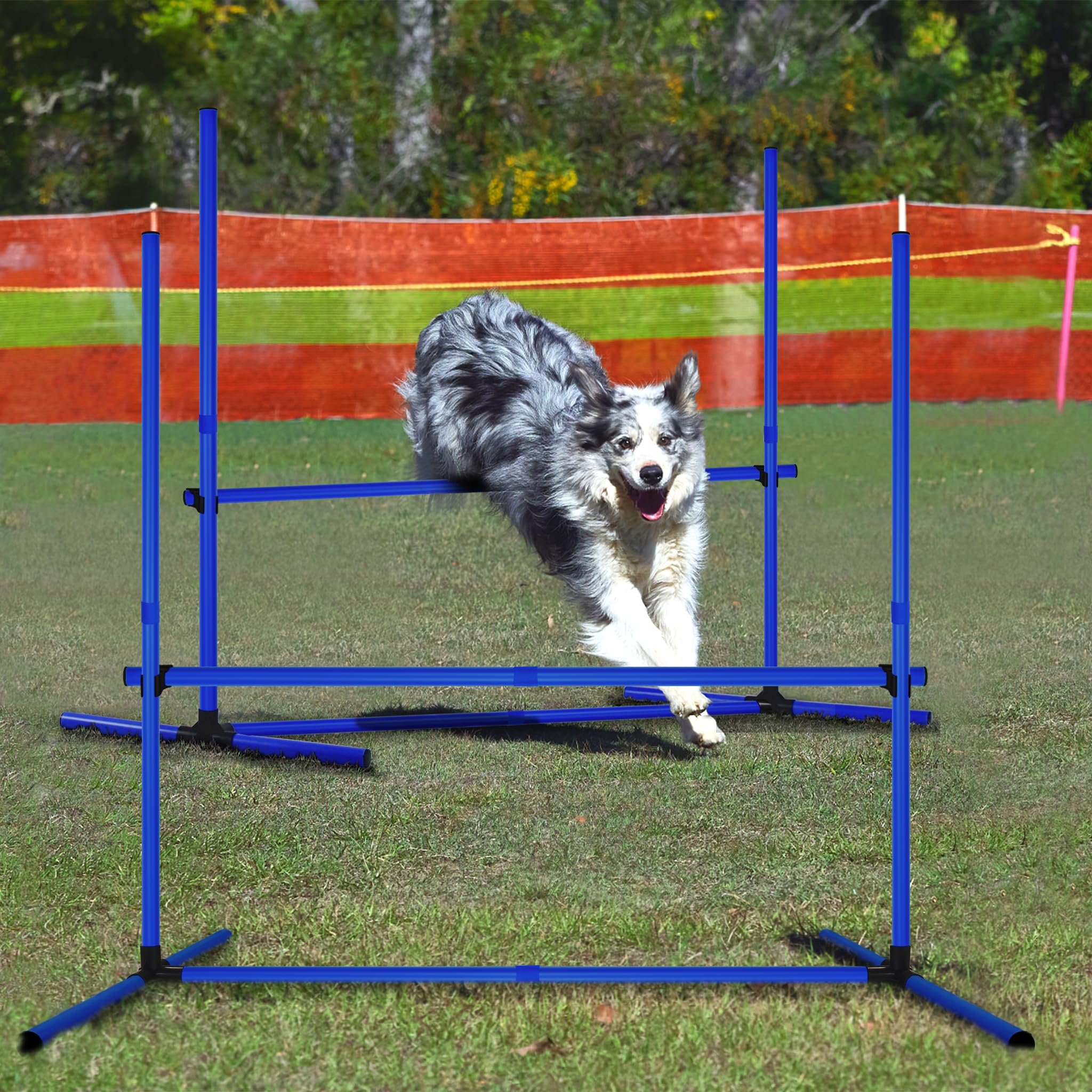 Agility zestaw płotek dla psów, pręty slalomowe, wyposażenie do treningu psów z 4 płotkami z regulacją wysokości, 104 x 70 x 101 cm, niebieski
