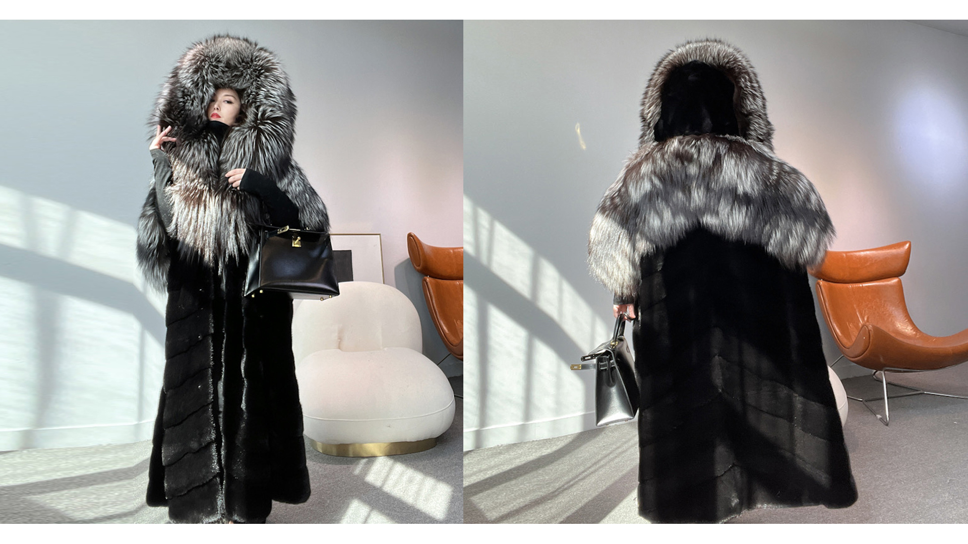 Denny&Dora Women's Mink Fur Coat Elegant Long Coat Women With Big