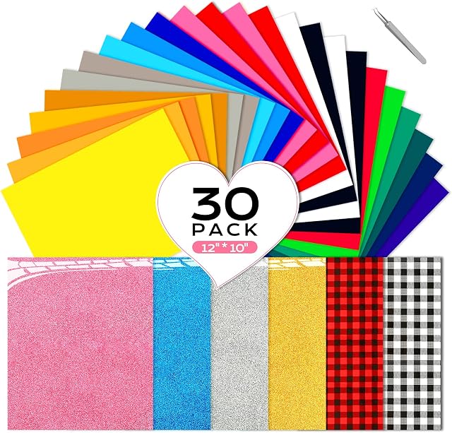 CHEPULA HTV Heat Transfer Vinyl Bundle 30 Pack, 12" x 10" Glitter Colors Permanent Iron on Vinyl for Cricut, HTV Vinyl Sheets for DIY T-Shirt, Clothes, Hats and Other Textiles(30 Sheets)