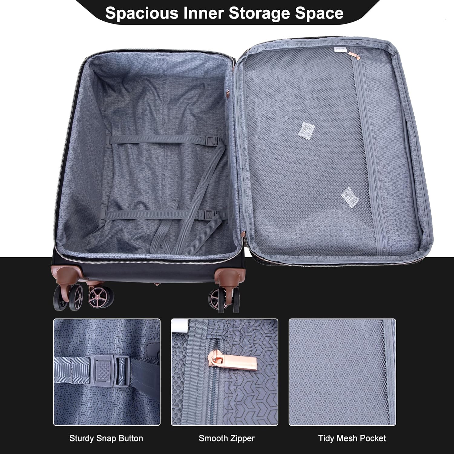 Softside Upright Luggage Set 4 piece, Terylene Expandable Lightweight Suitcase Sets with Double Spinner Wheels (16/20/24/28), Black