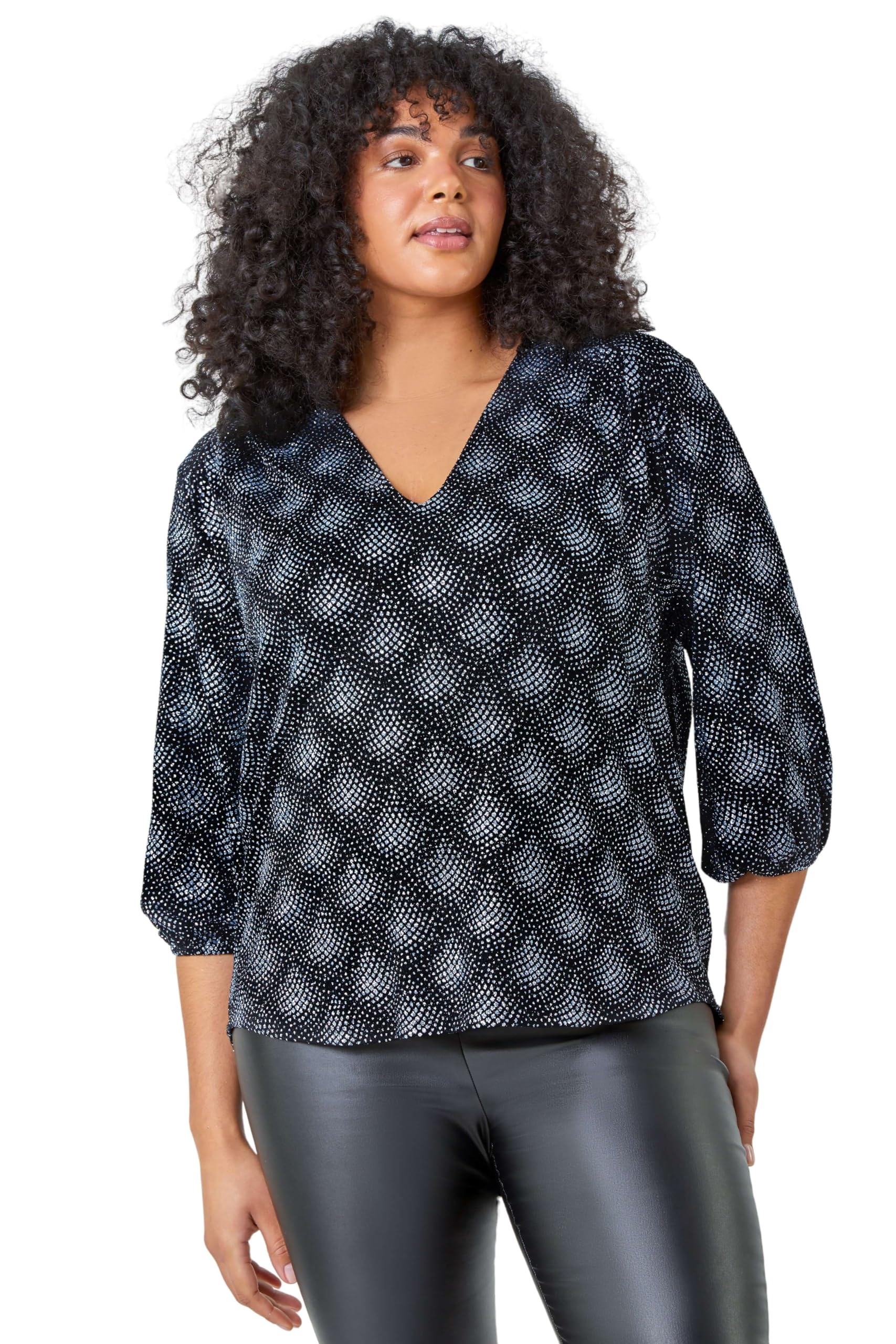 Roman Originals Women's Grey Roman Curve Glitter Sparkle Tunic Top - Spring Everyday Summer Evening Vacation Work Holiday 3/4 Sleeve Smart Casual - Silver - Size 20