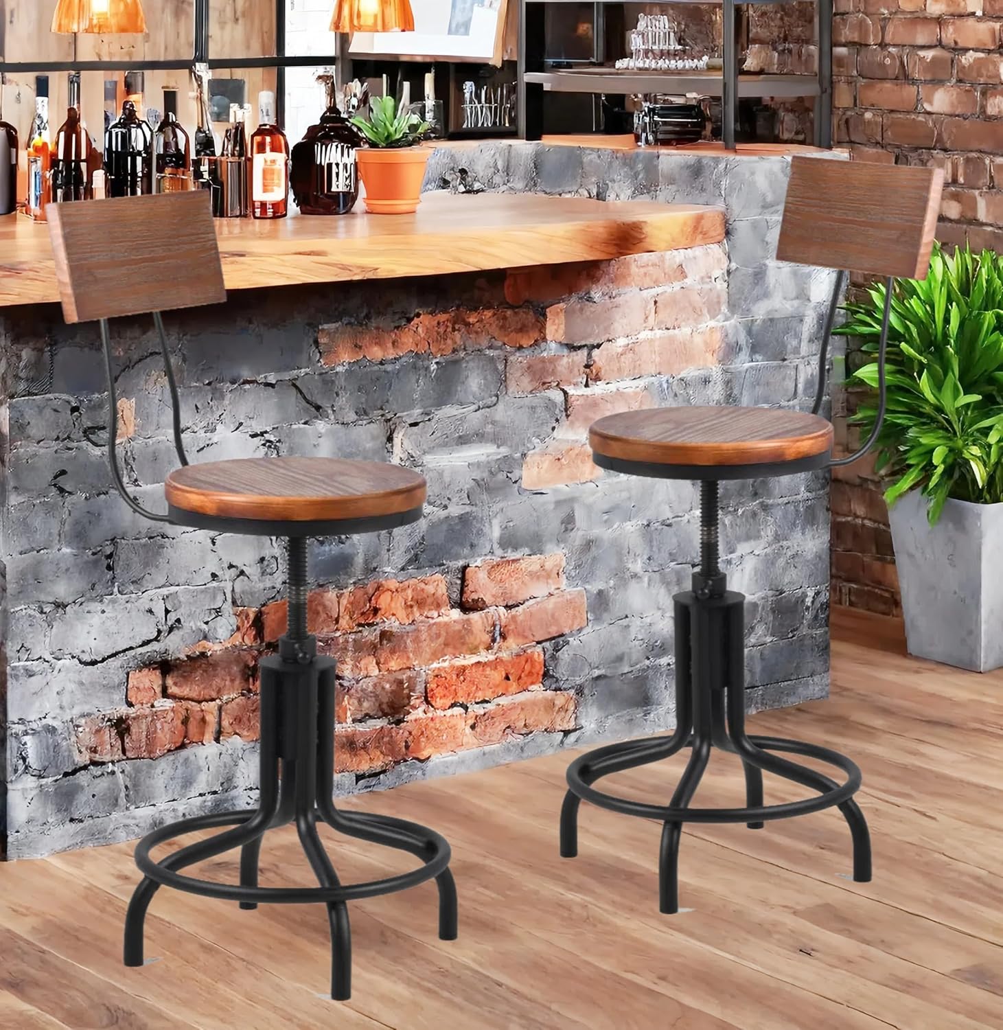 Topower Industrial Antique Design Adjustable Height Kitchen Dining Breakfast Chair Metal Bar Stool with Backrest Fully Welded Set of 2 (Brown Wood)