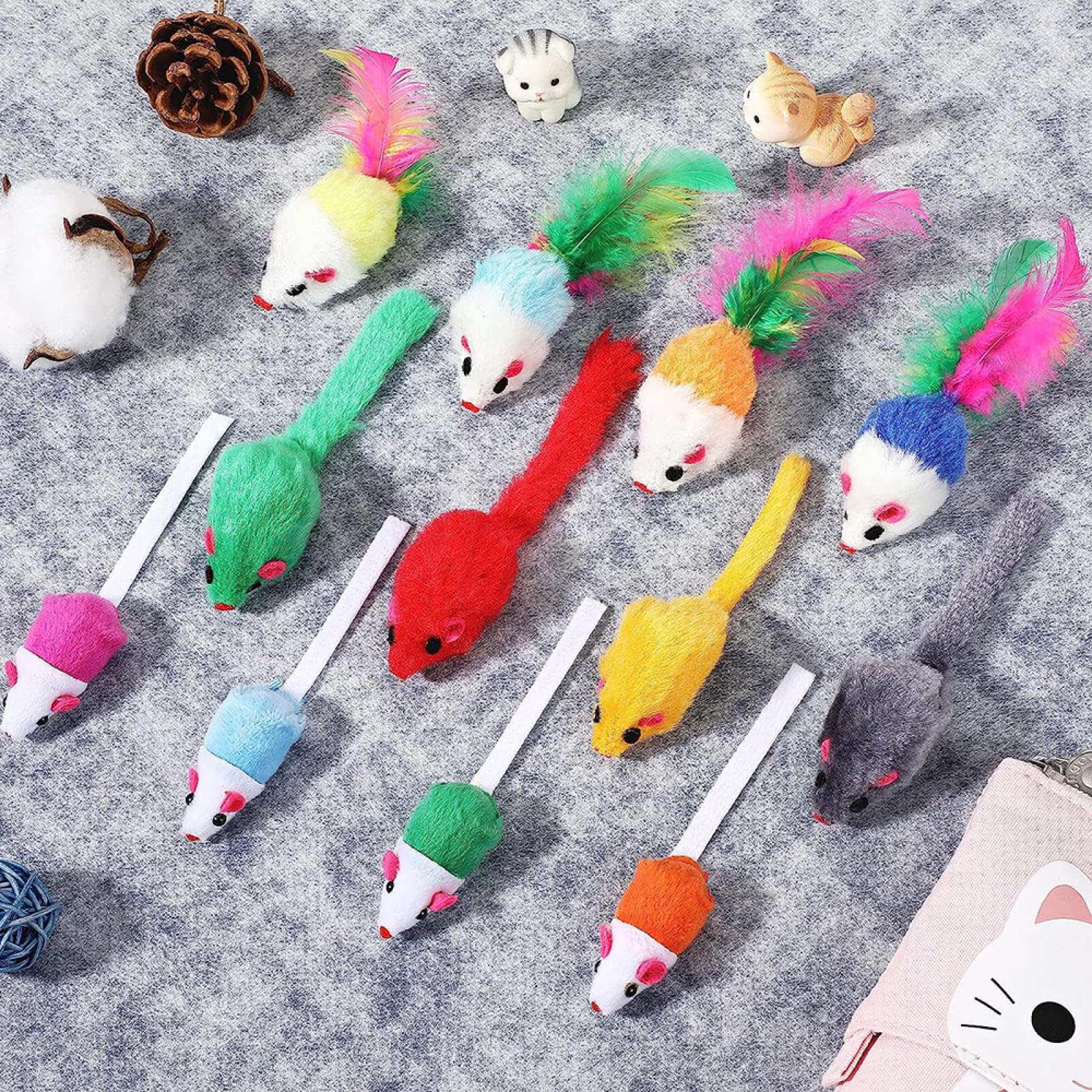 Katzenspielzeug mit Federn, Katzenspielzeug, Katzenmaus-Spielzeug, Rasselmaus, Verschiedene interaktive Katzenspielzeuge, Kätzchen-Fangspiel-Maus-Spielzeug, 20 Stück