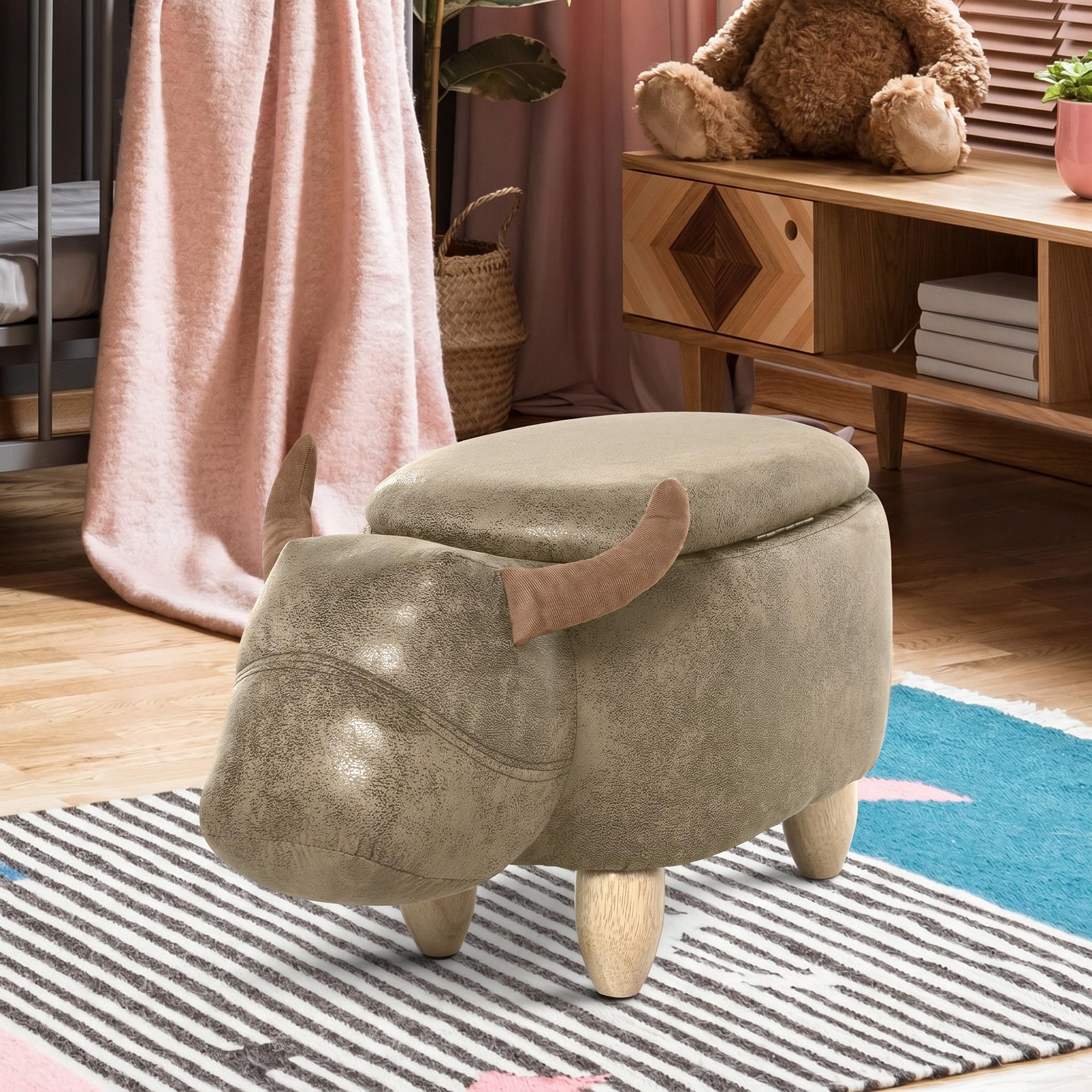 HOMCOM Hocker Kuh - Hocker Kuh - Hocker Stier Aufbewahrungsbox 2 in 1 - Beine Hevea-Holz synthetische Beschichtung Wildlederoptik gealtert Braun